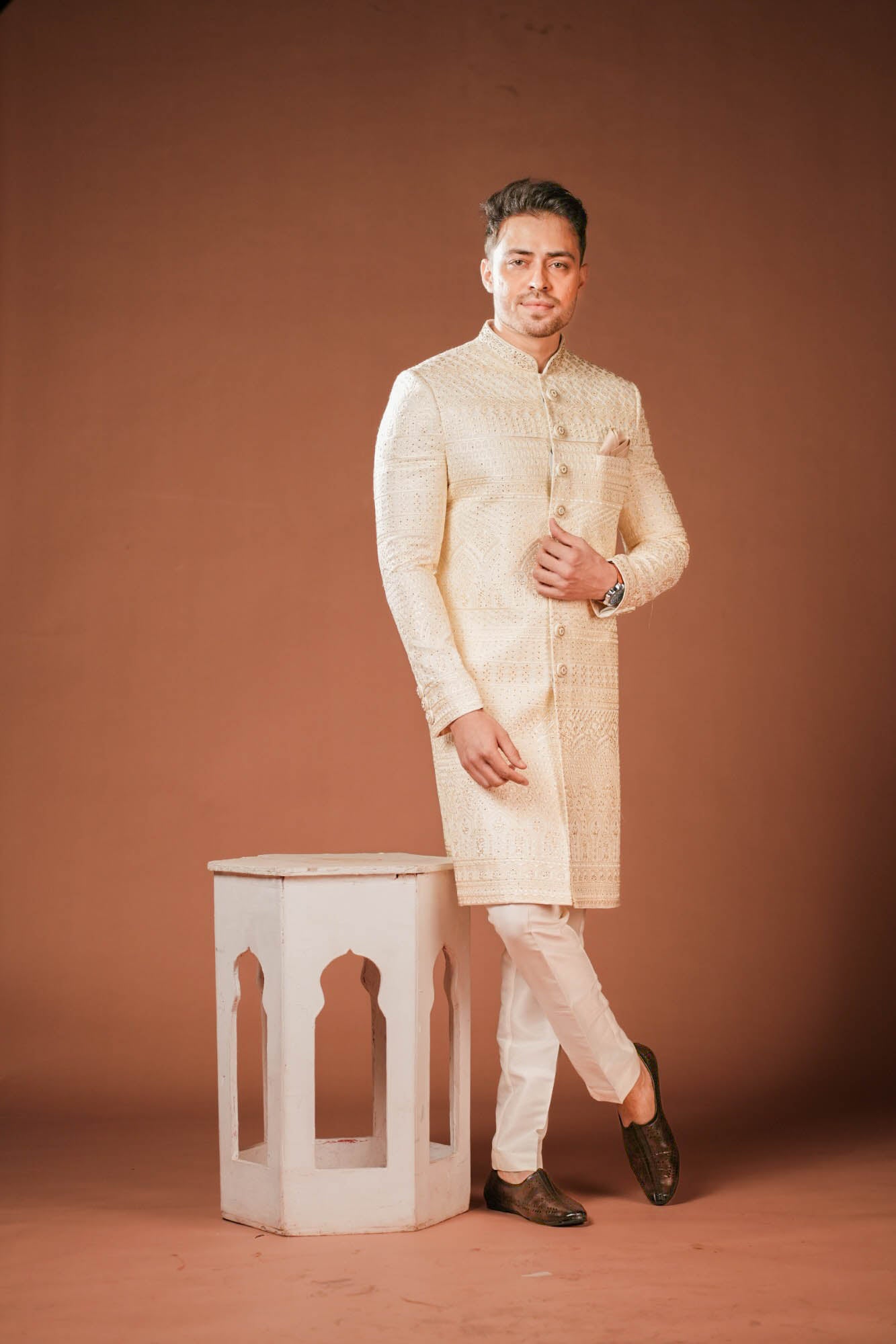 Cream Georgette Lucknowi Threadwork Sherwani with Handwork