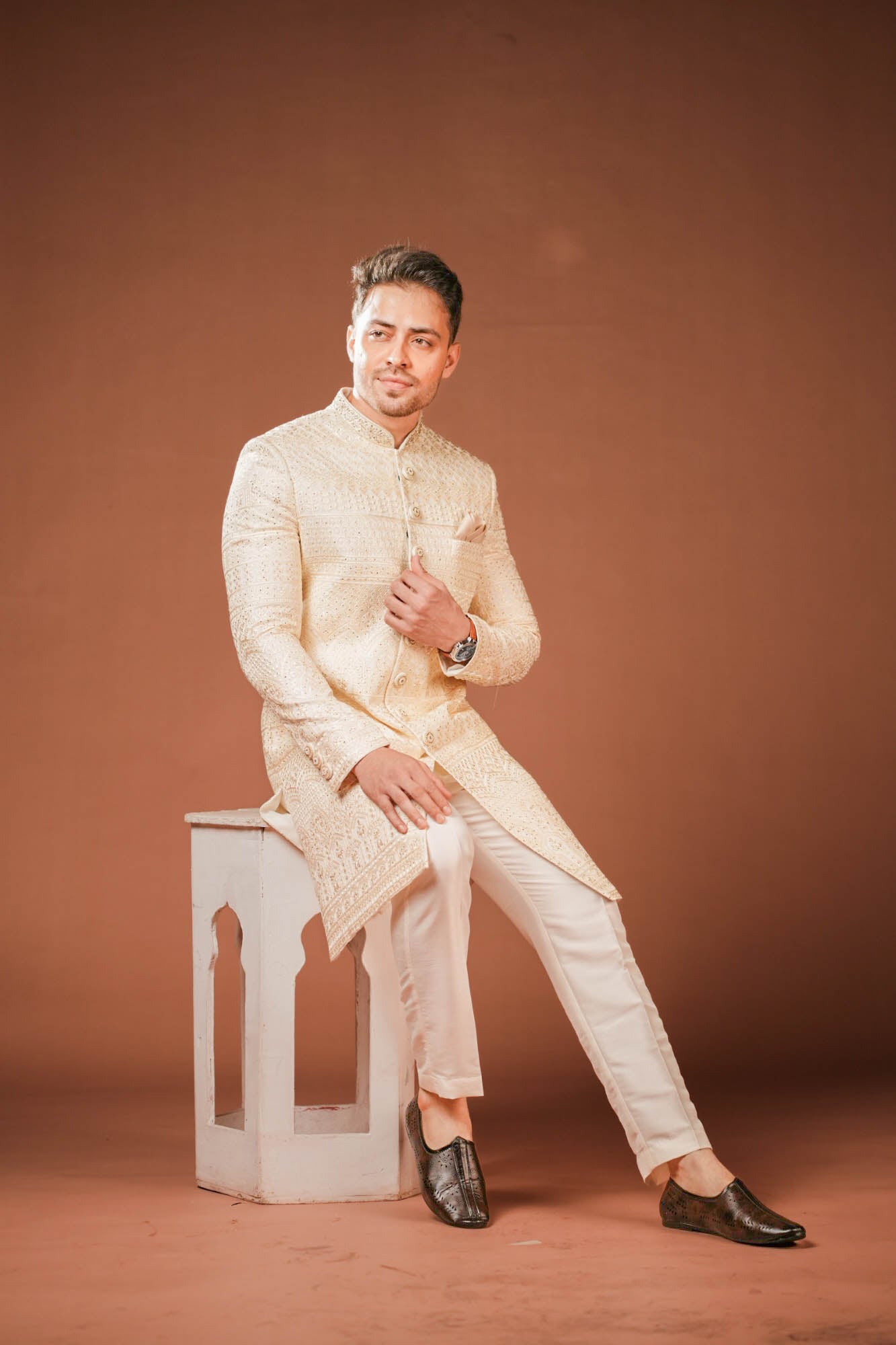 Cream Georgette Lucknowi Threadwork Sherwani with Handwork