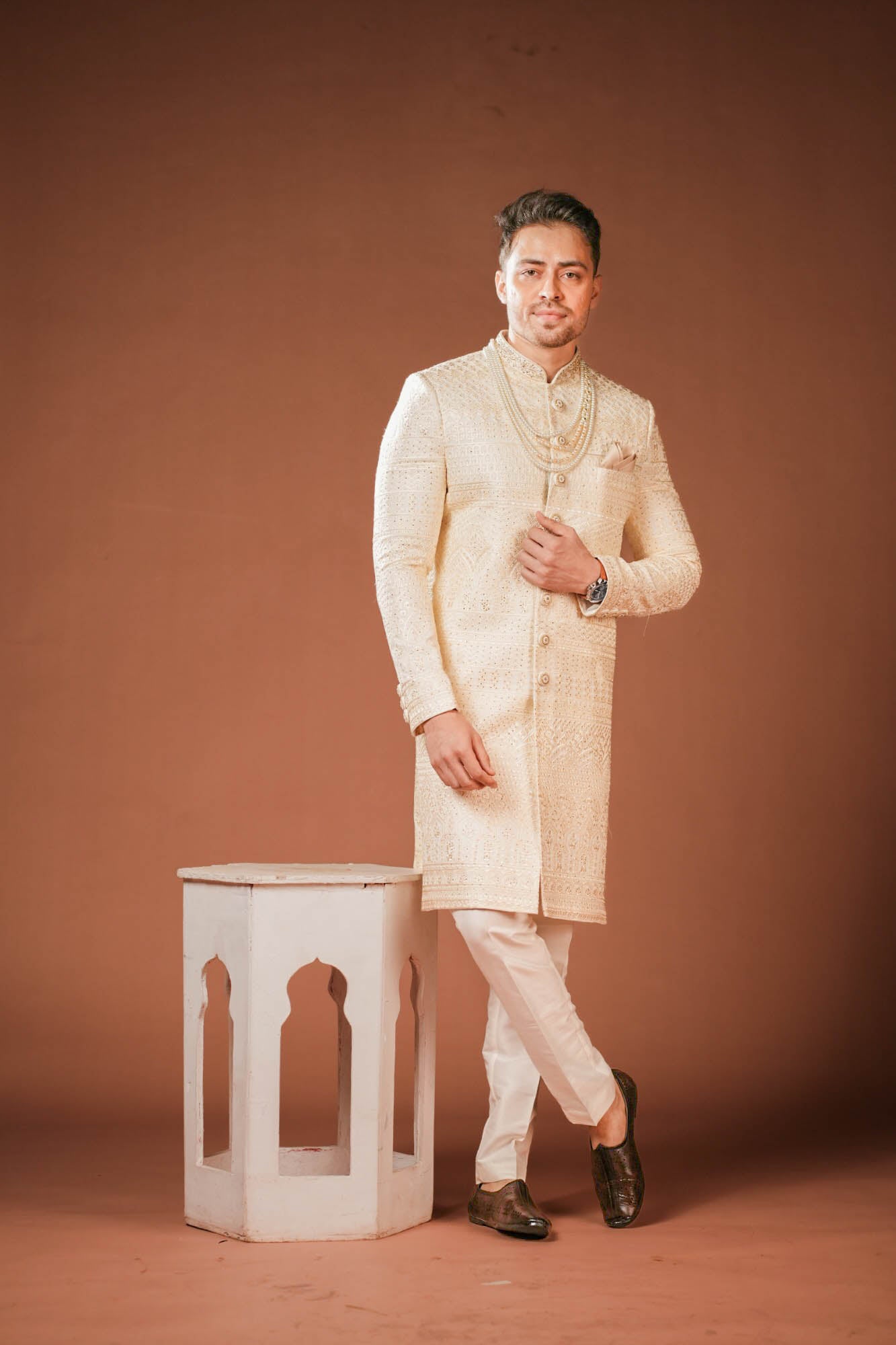 Cream Georgette Lucknowi Threadwork Sherwani with Handwork