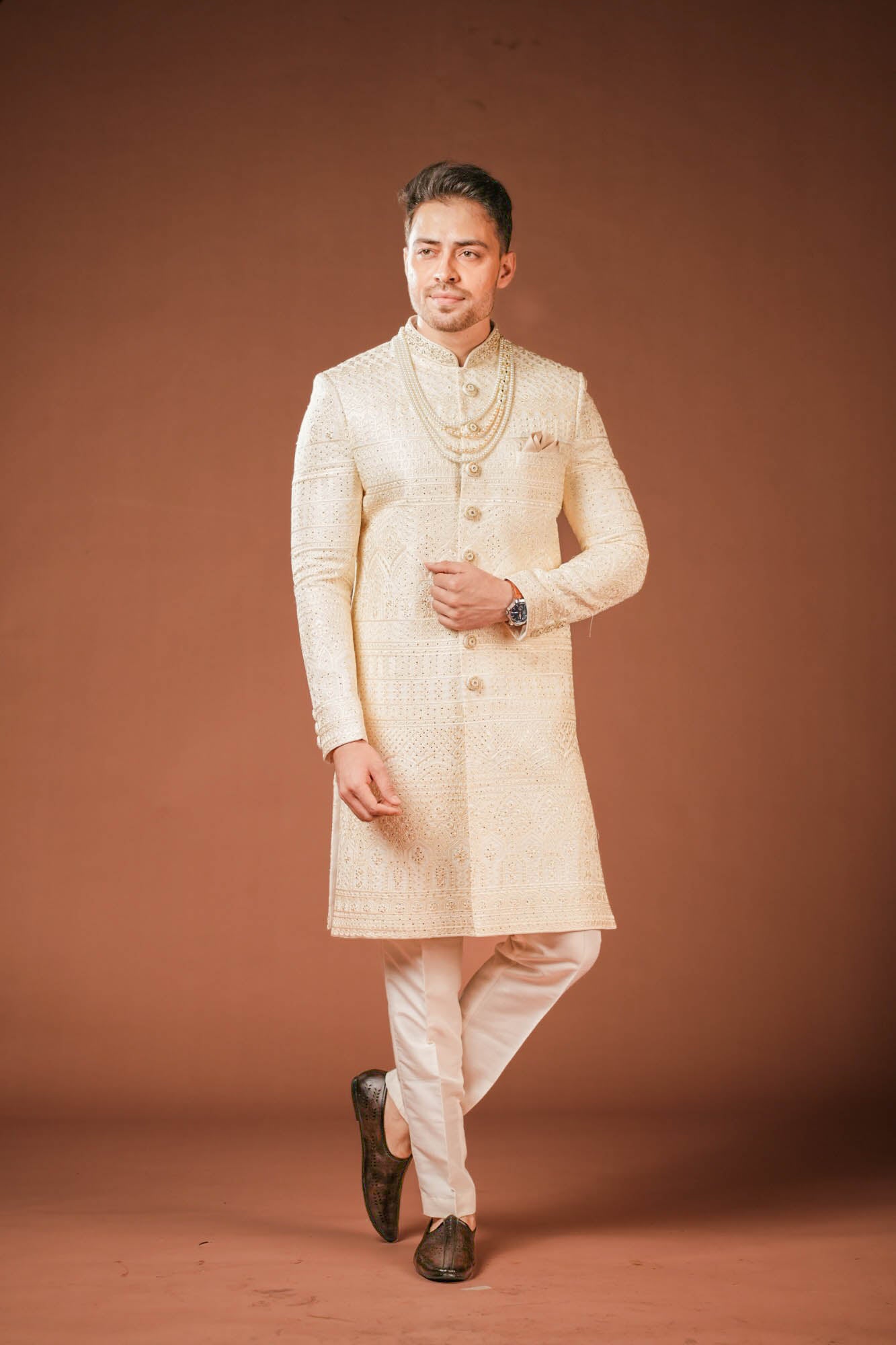 Cream Georgette Lucknowi Threadwork Sherwani with Handwork