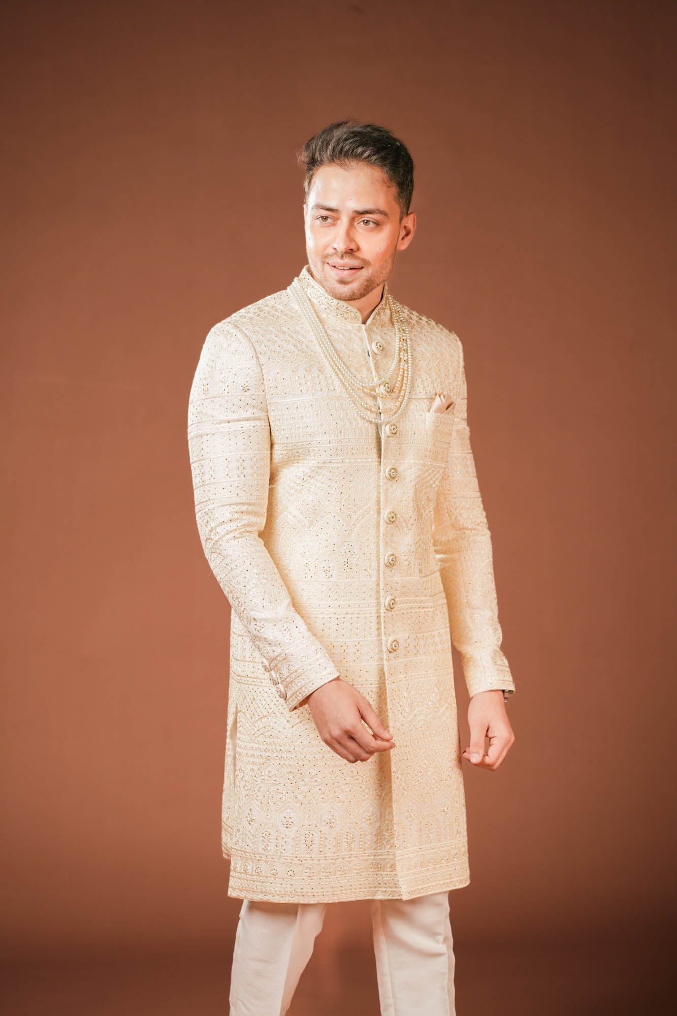 Cream Georgette Lucknowi Threadwork Sherwani with Handwork