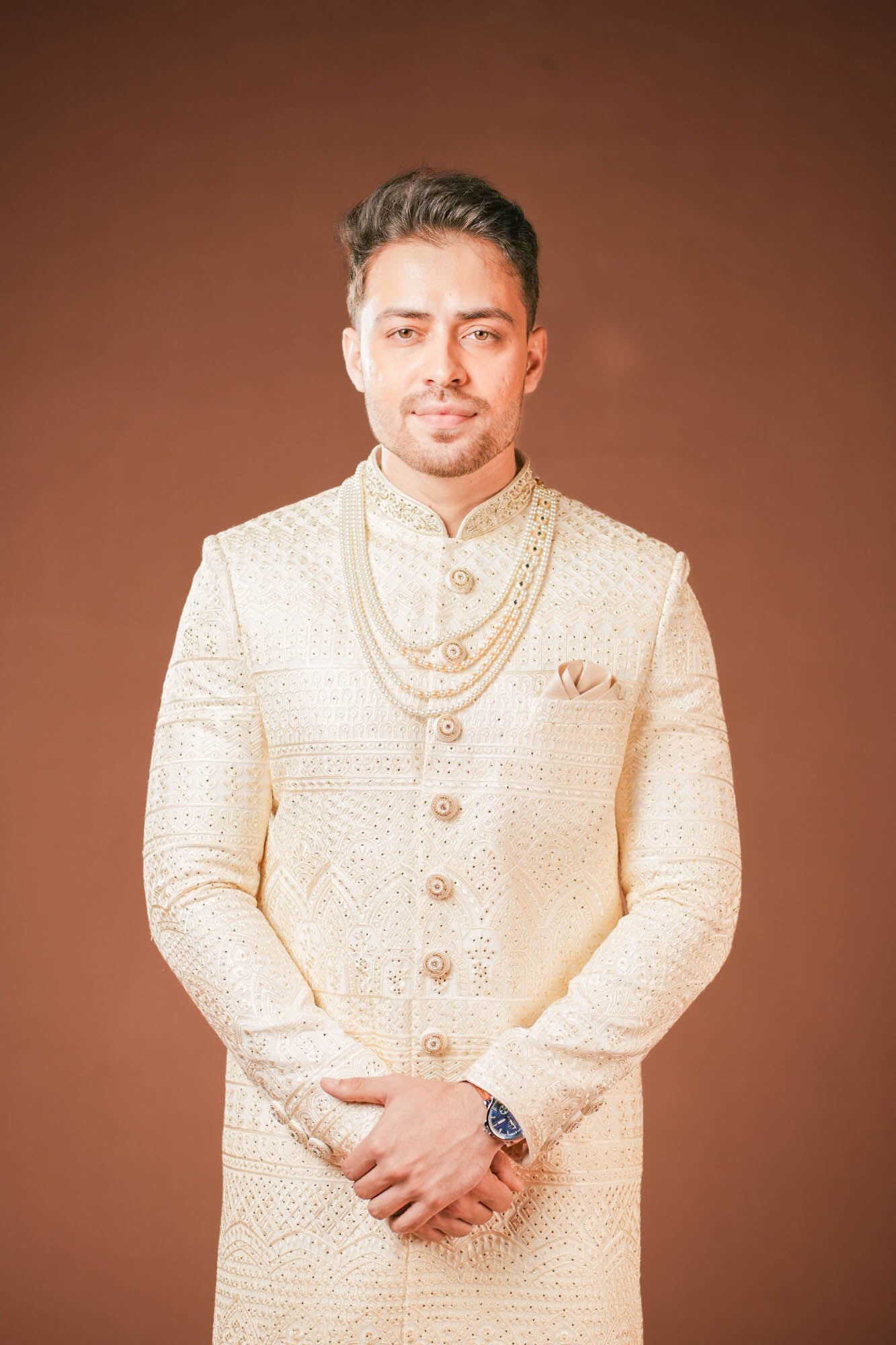 Cream Georgette Lucknowi Threadwork Sherwani with Handwork