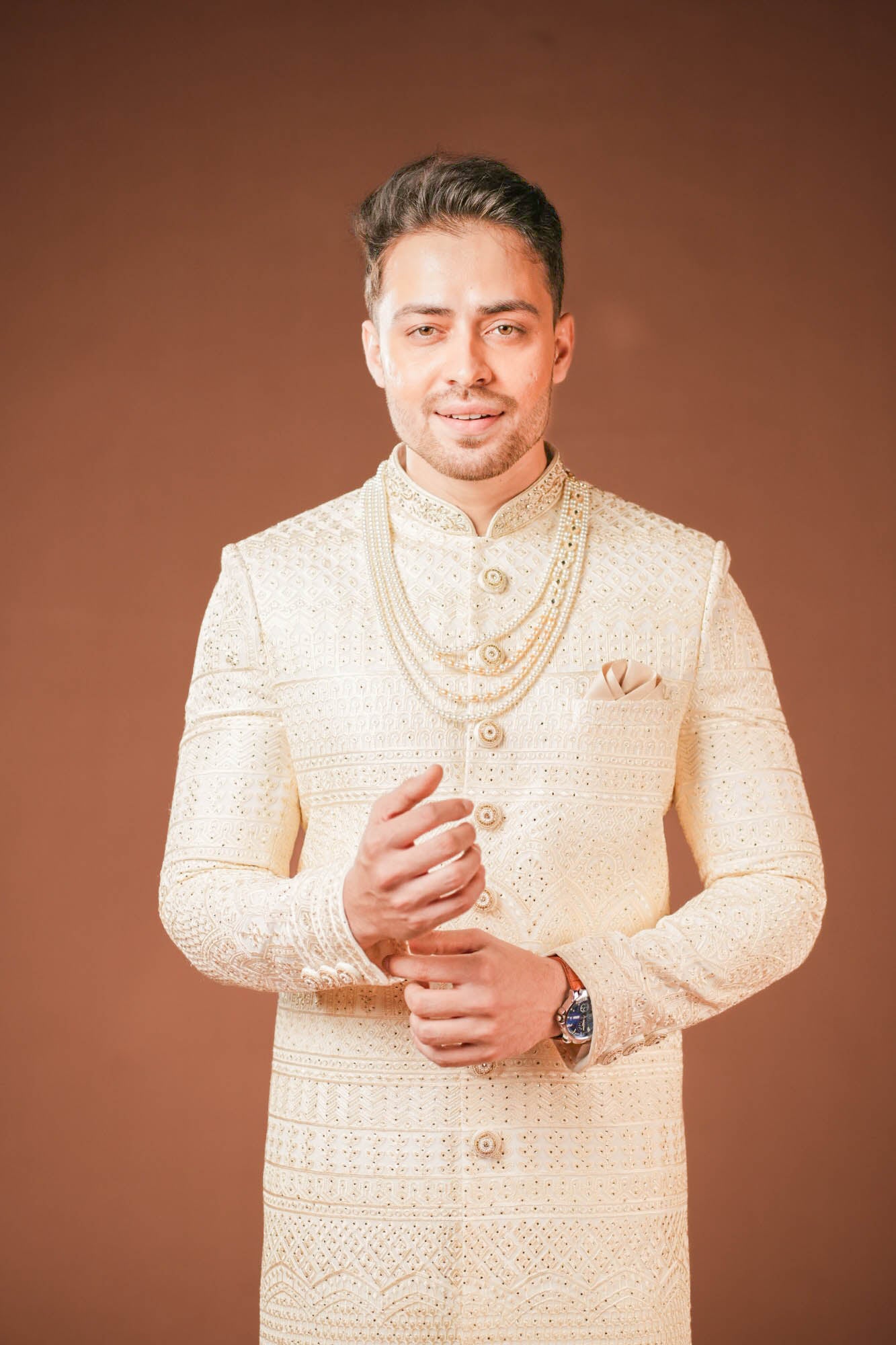 Cream Georgette Lucknowi Threadwork Sherwani with Handwork