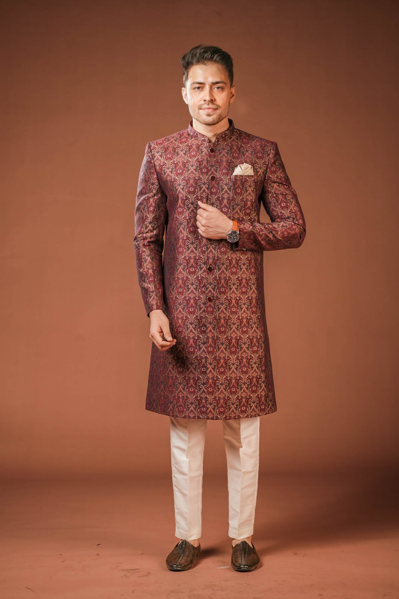 Maroon Jaquard Nawabi Set