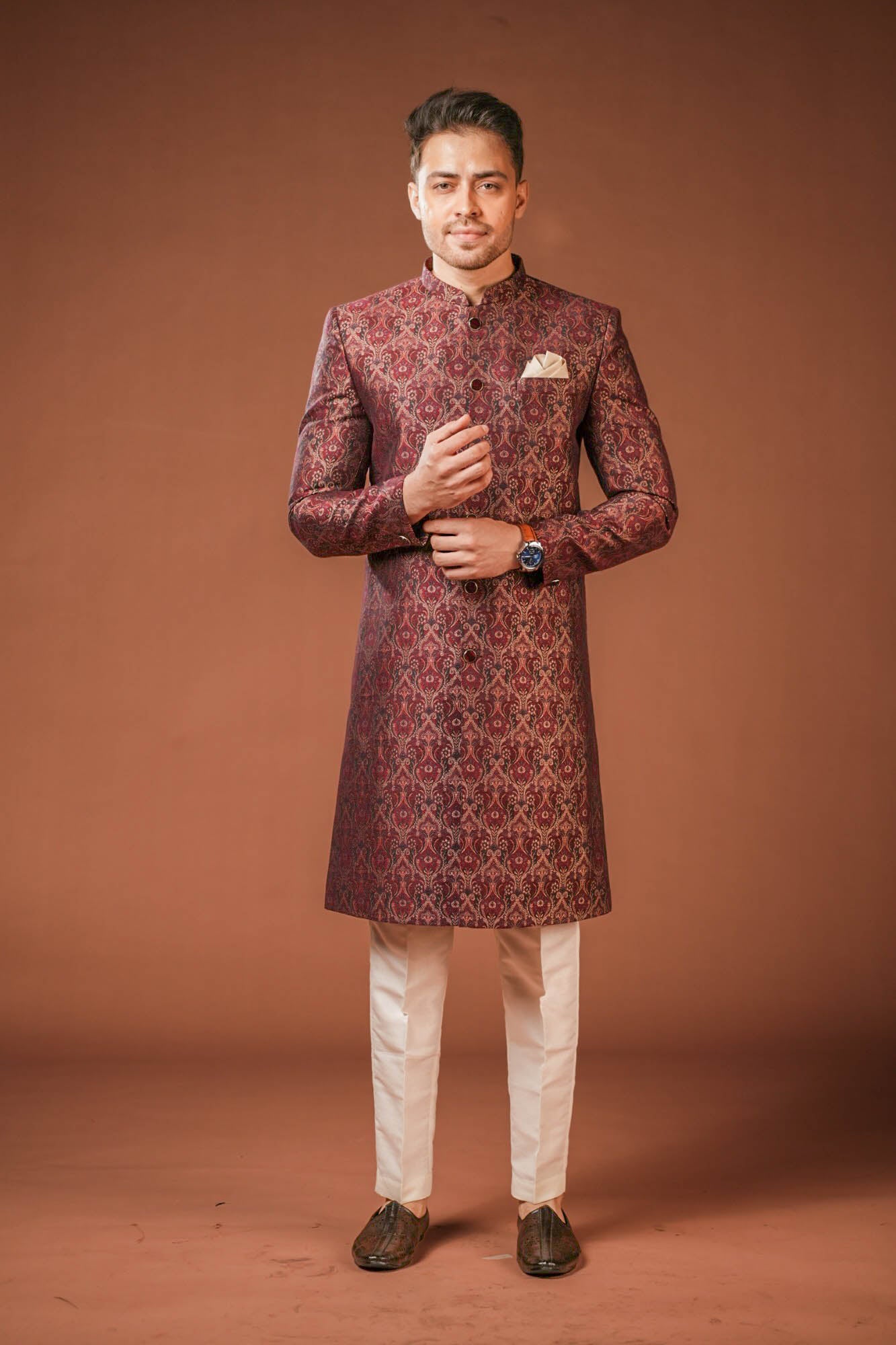 Maroon Jaquard Nawabi Set