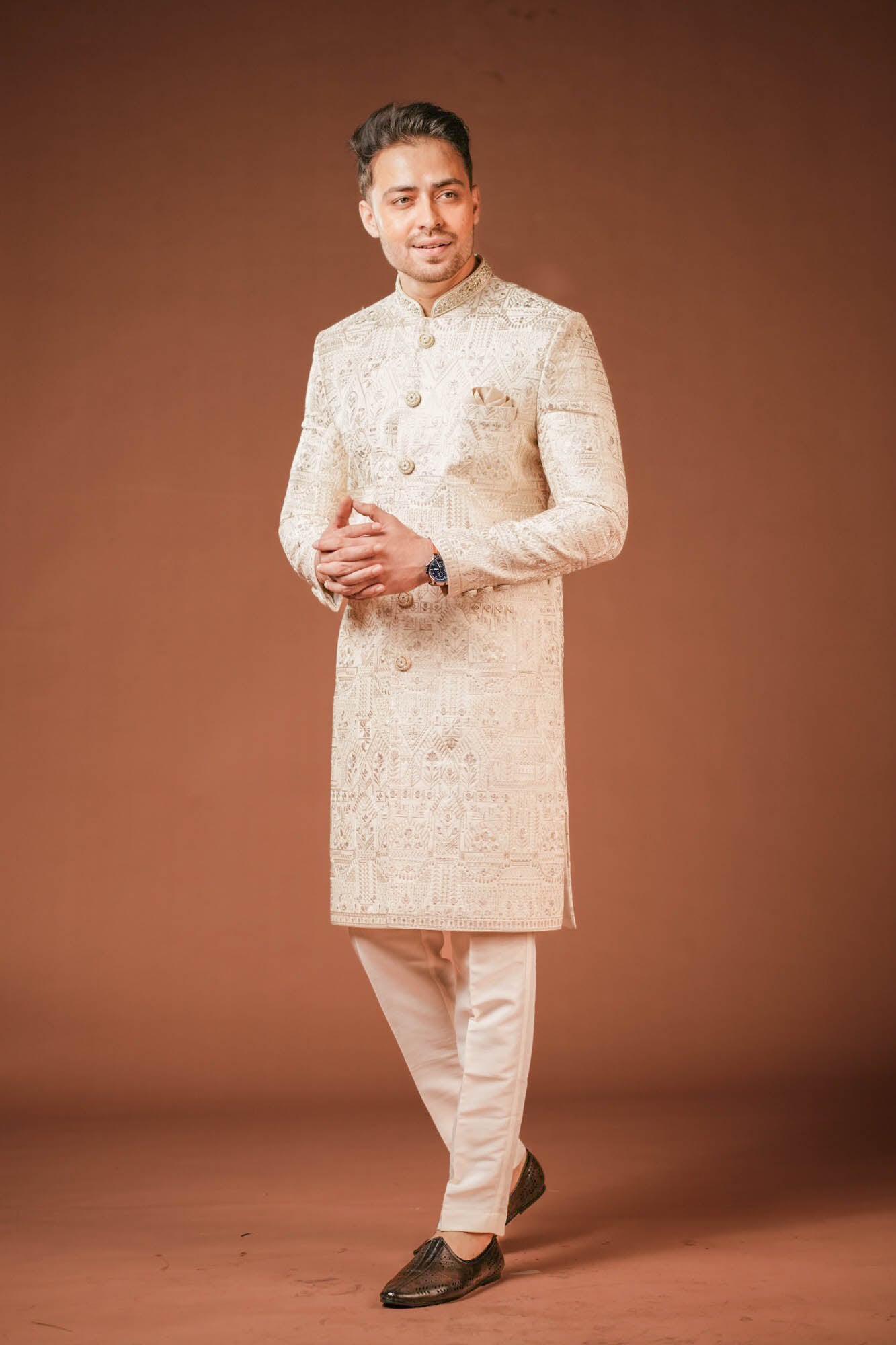 Beige Embroidered Sherwani Set