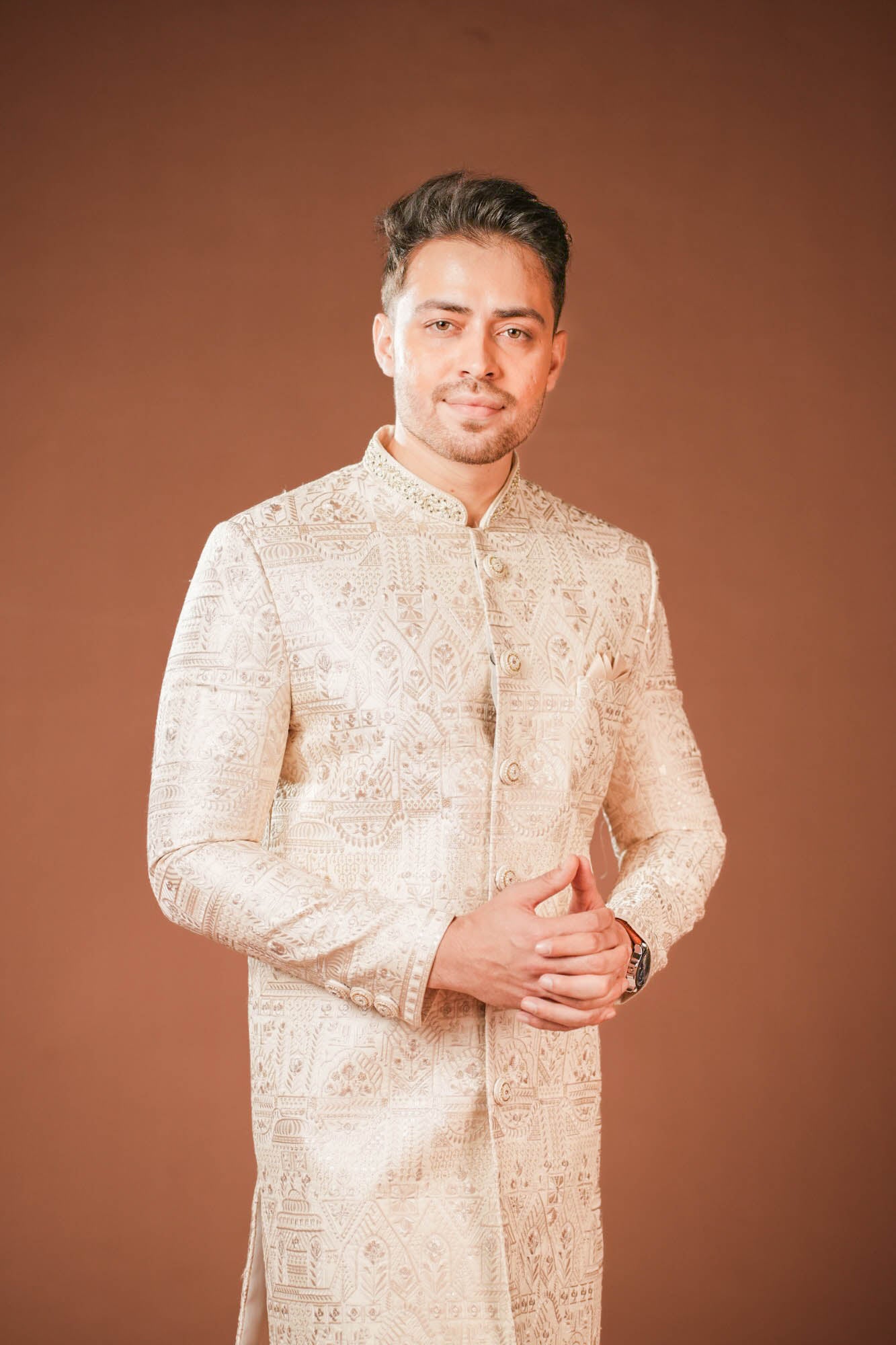 Beige Embroidered Sherwani Set