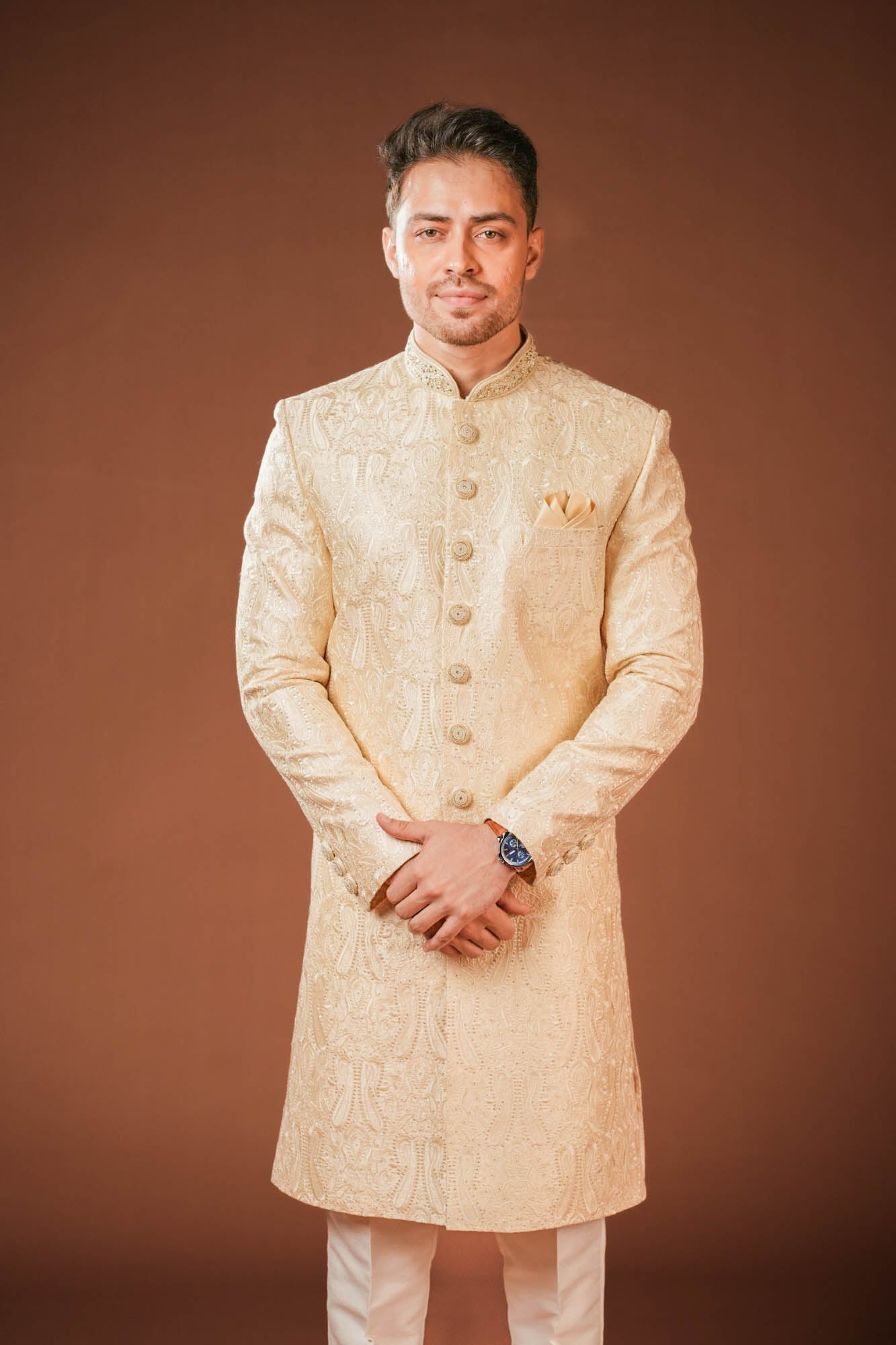 Cream Embroidered Sherwani Set