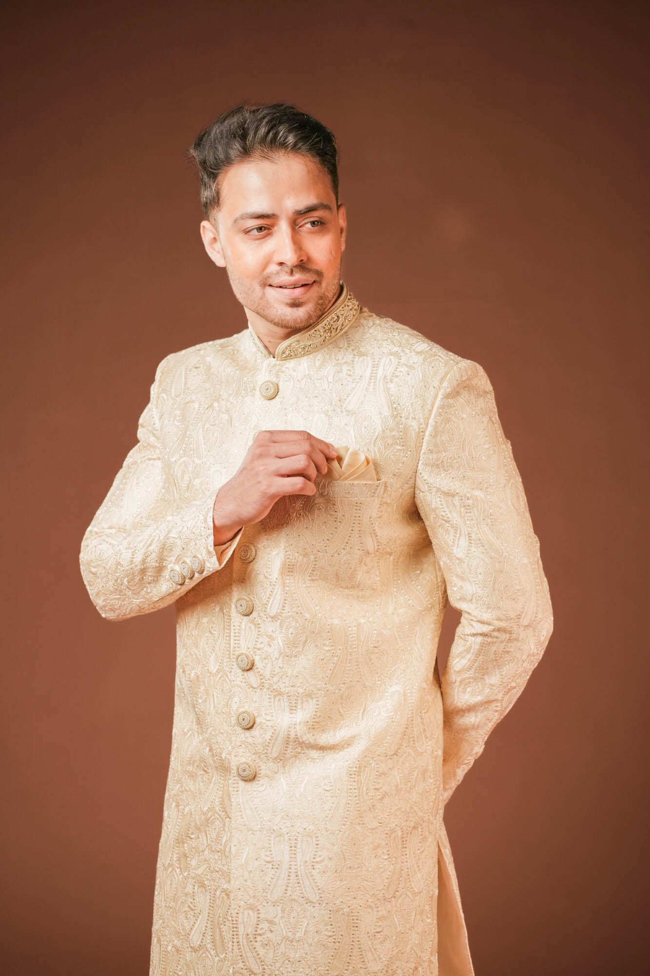 Cream Embroidered Sherwani Set