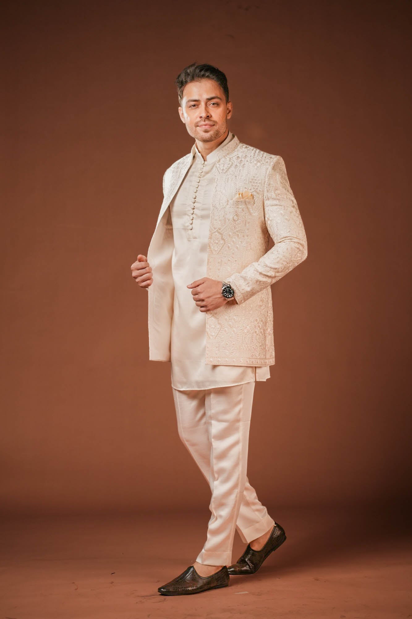 Cream Embroidered 3 piece Indo Western Set