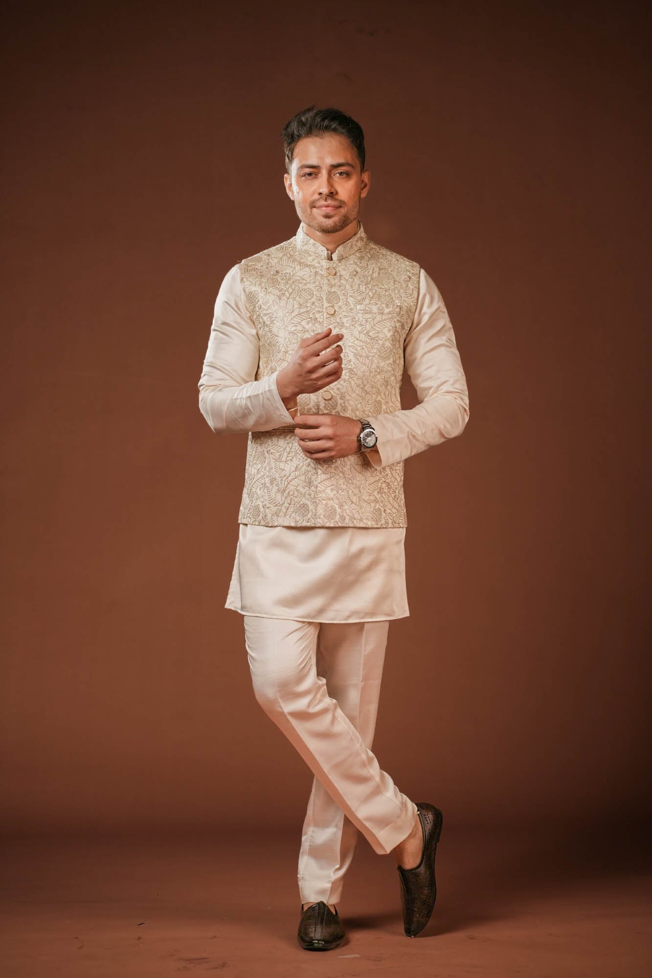 Cream Embroidered Koti Set