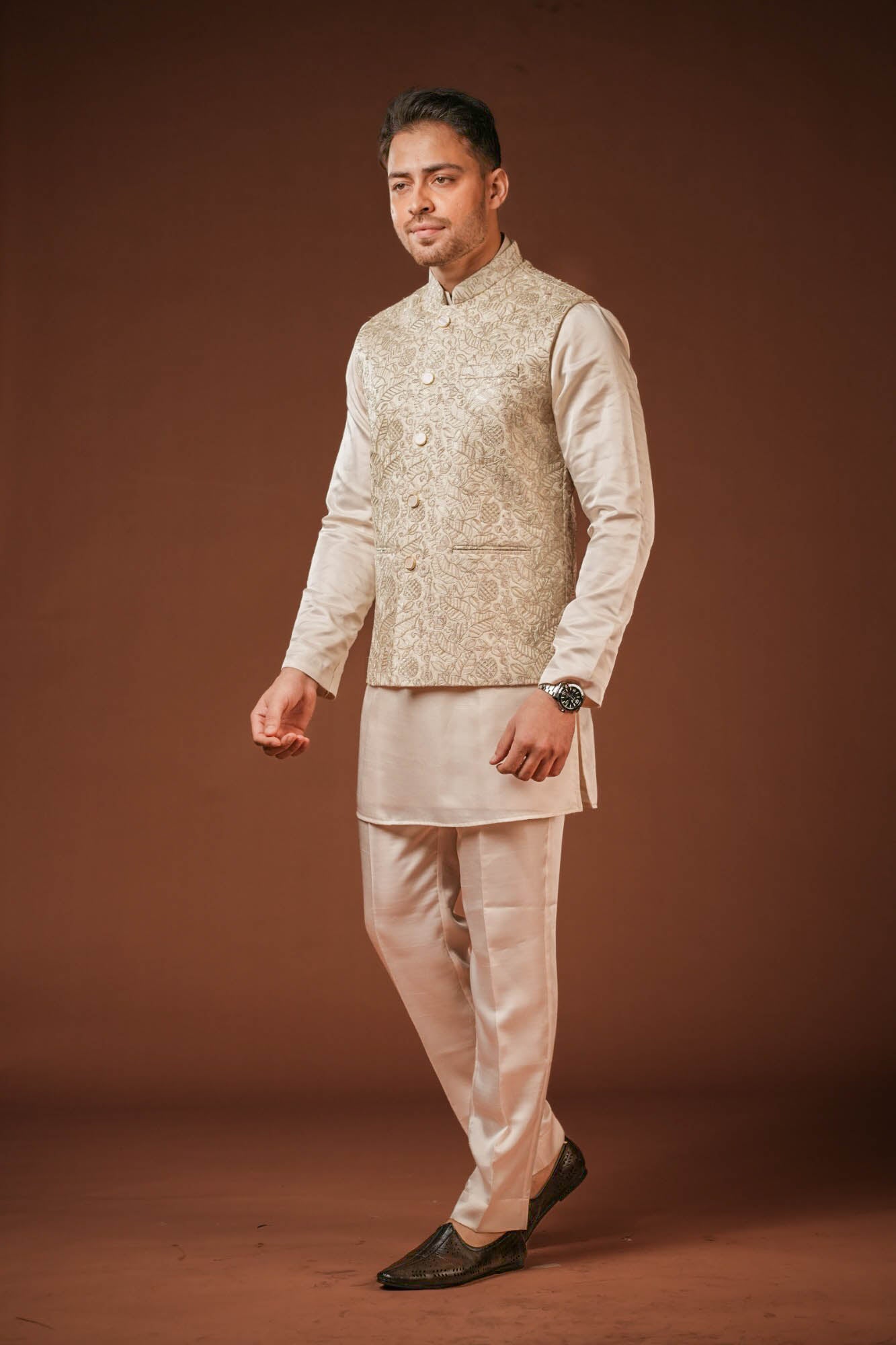 Cream Embroidered Koti Set