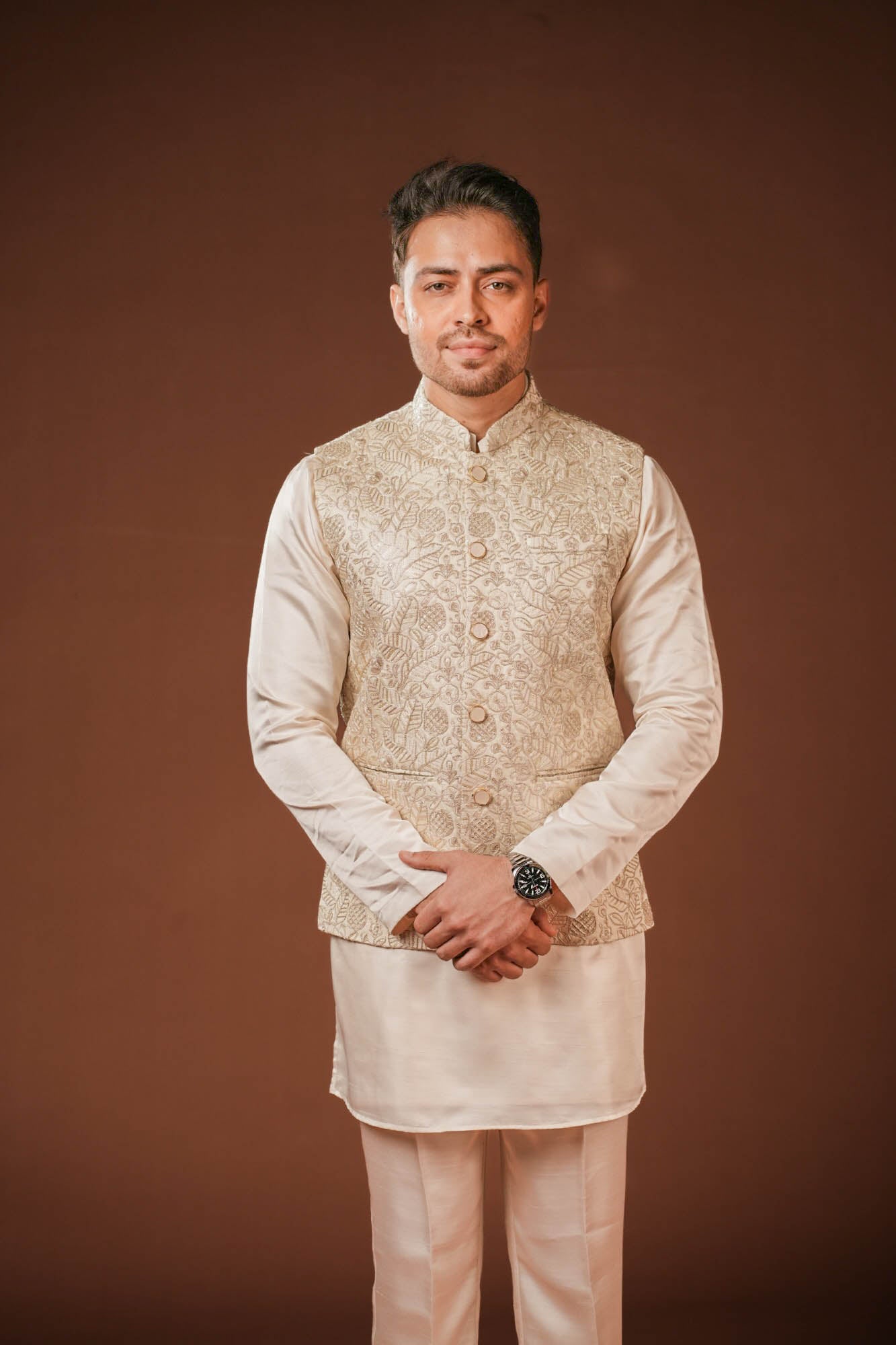 Cream Embroidered Koti Set