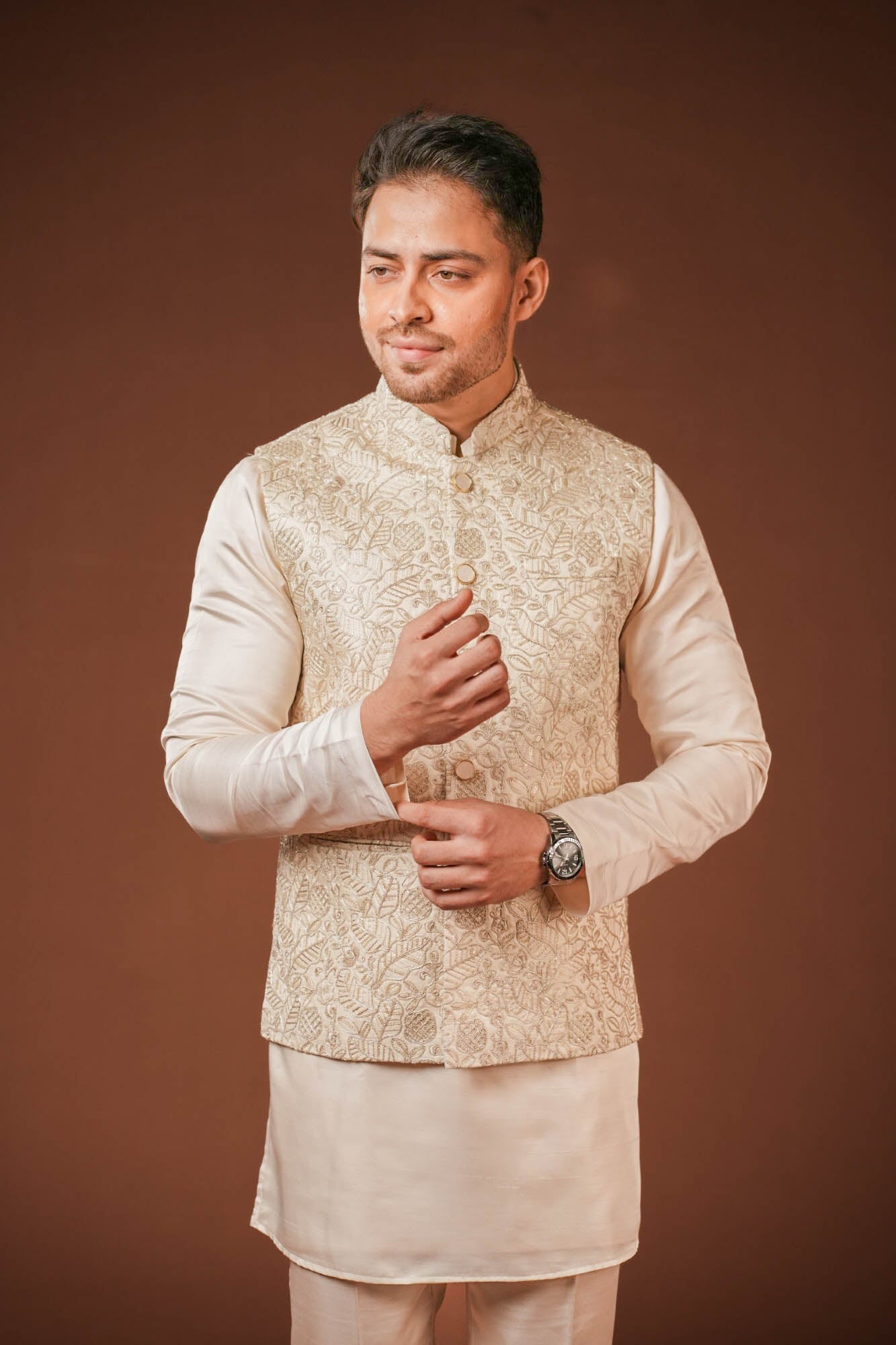 Cream Embroidered Koti Set