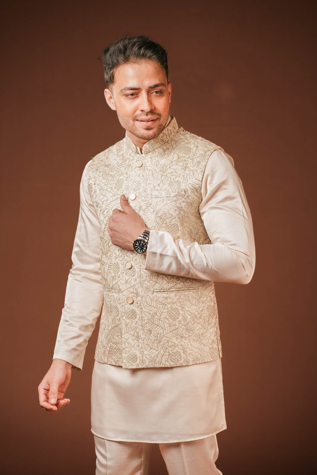 Cream Embroidered Koti Set