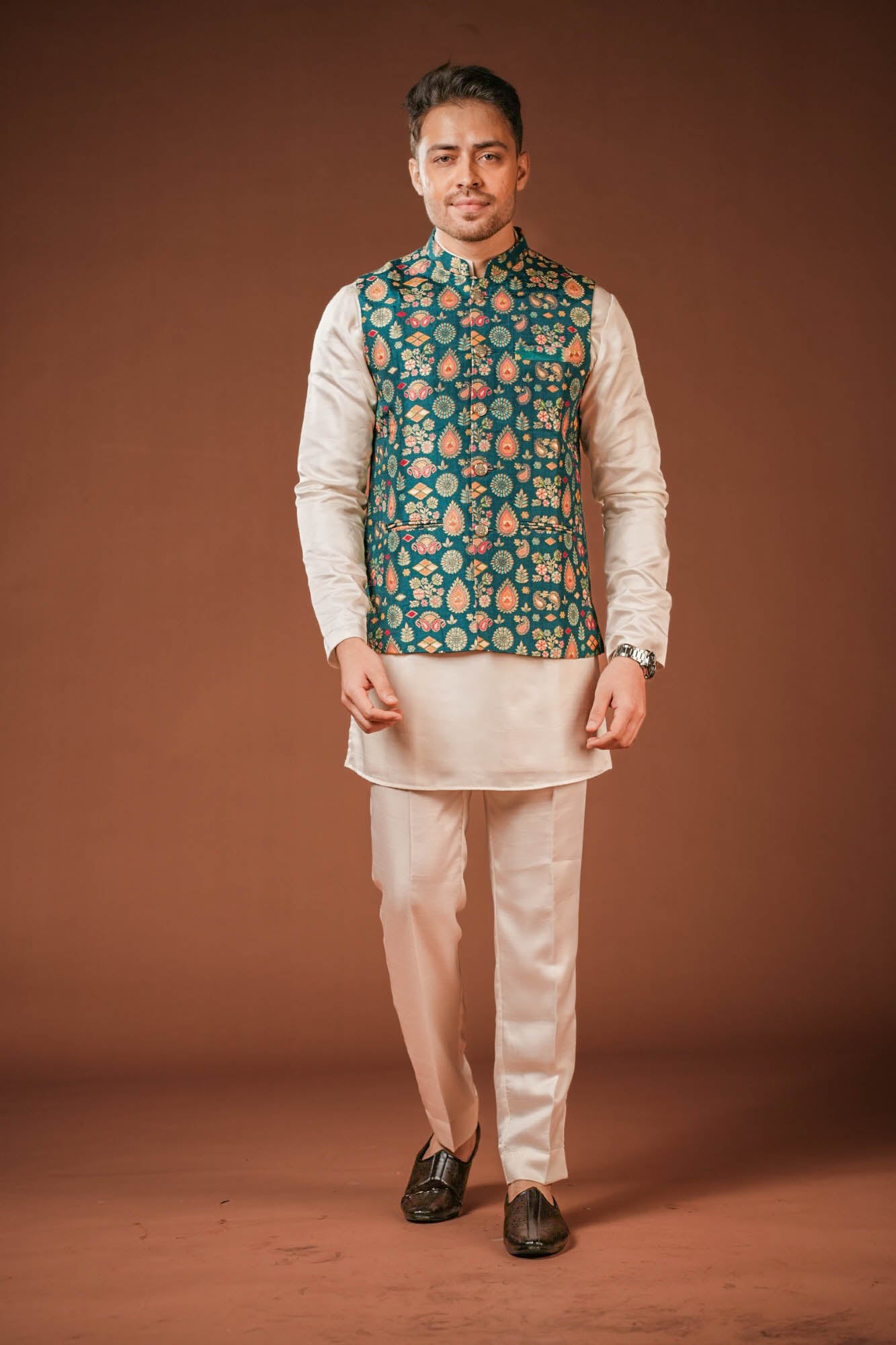 Teal Blue Brocket Nehru Jacket Set
