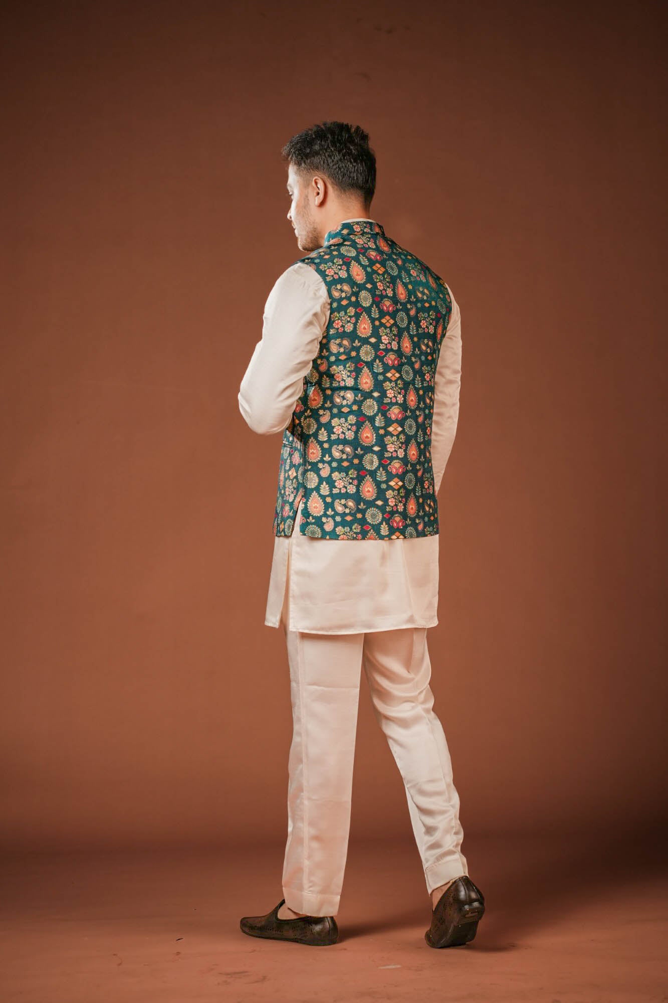 Teal Blue Brocket Nehru Jacket Set