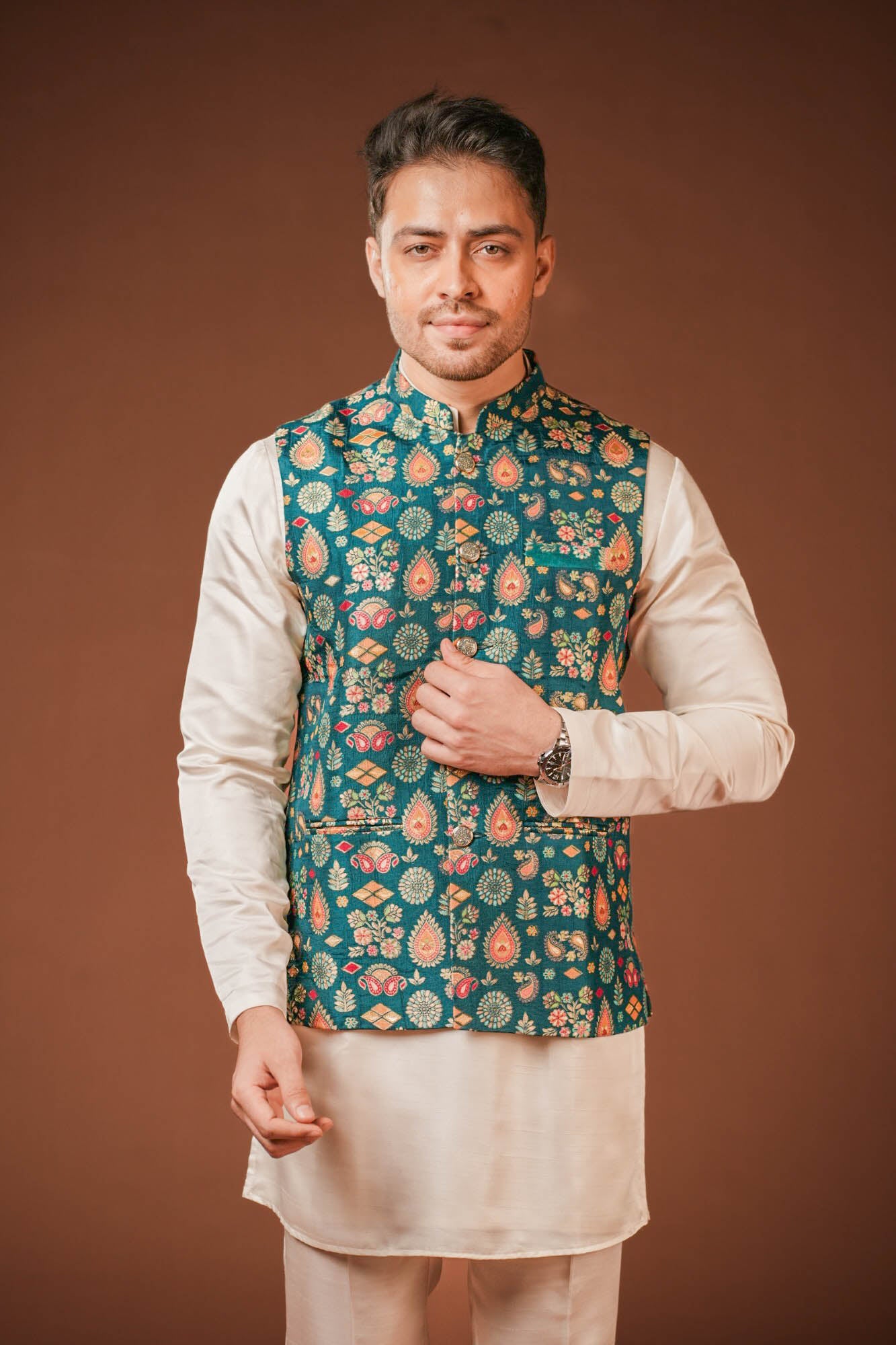 Teal Blue Brocket Nehru Jacket Set