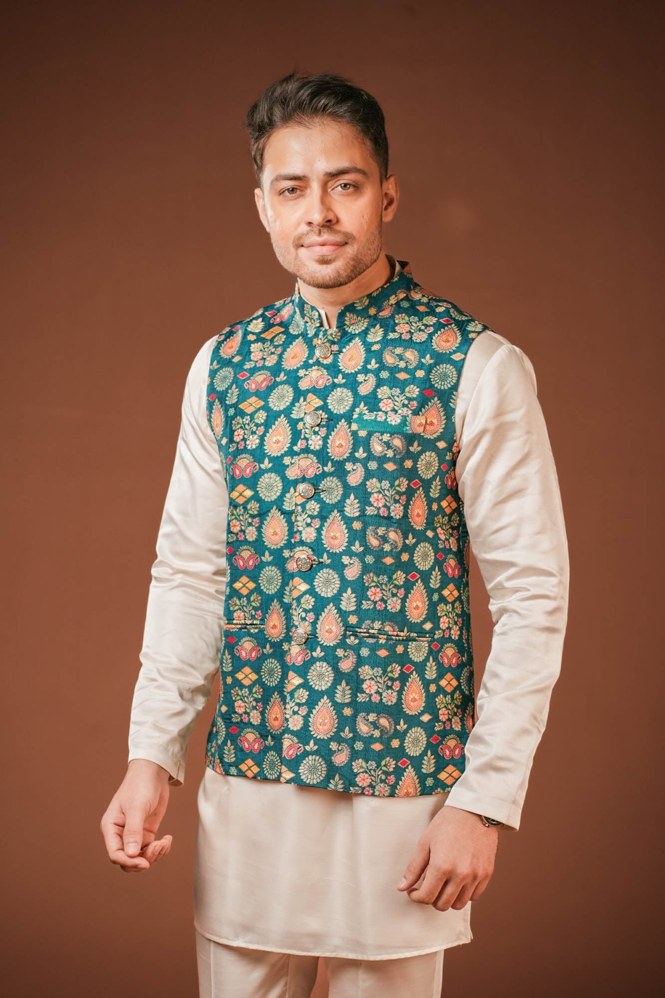 Teal Blue Brocket Nehru Jacket Set