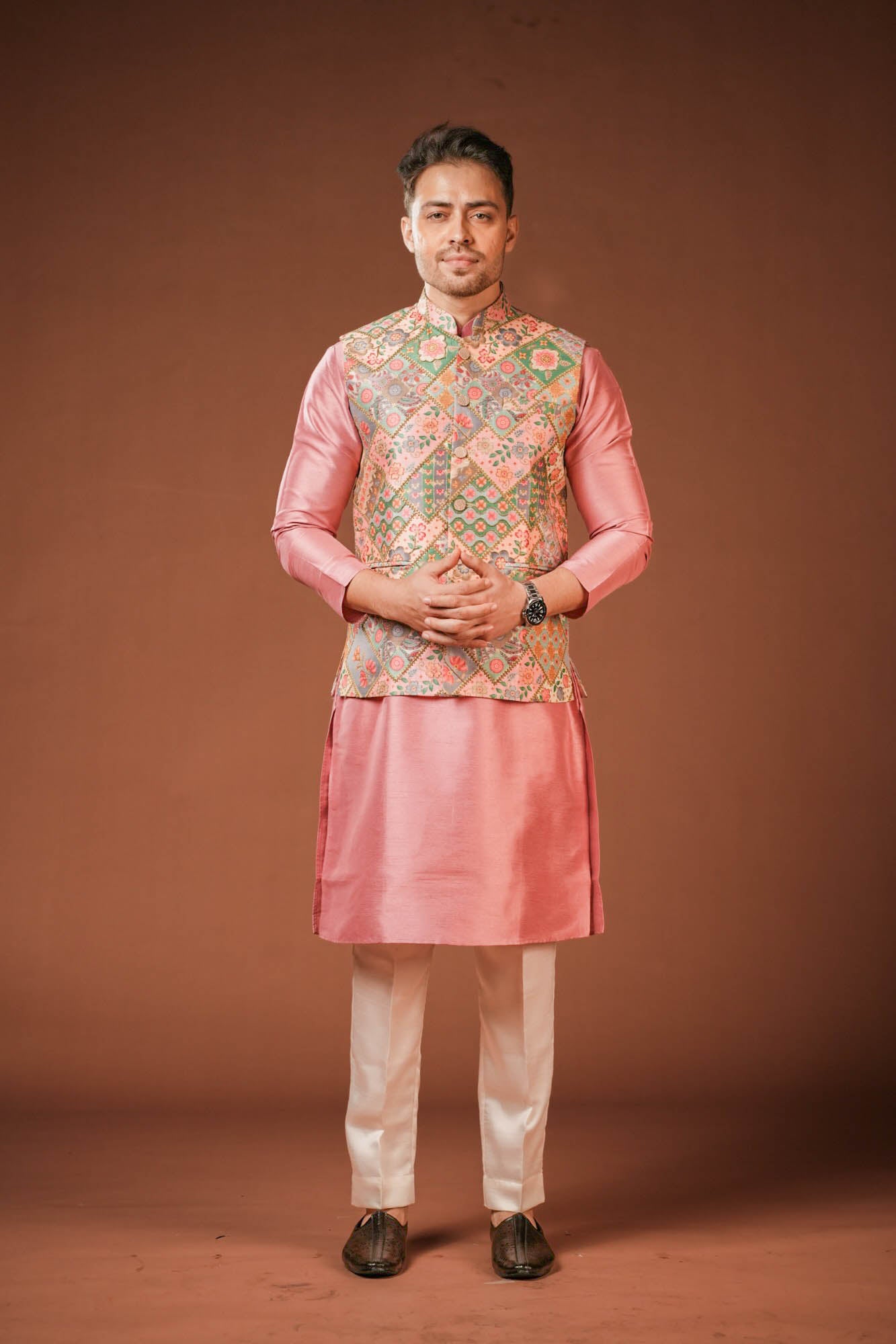 Embroidered Multi Color Rose Pink Koti Set