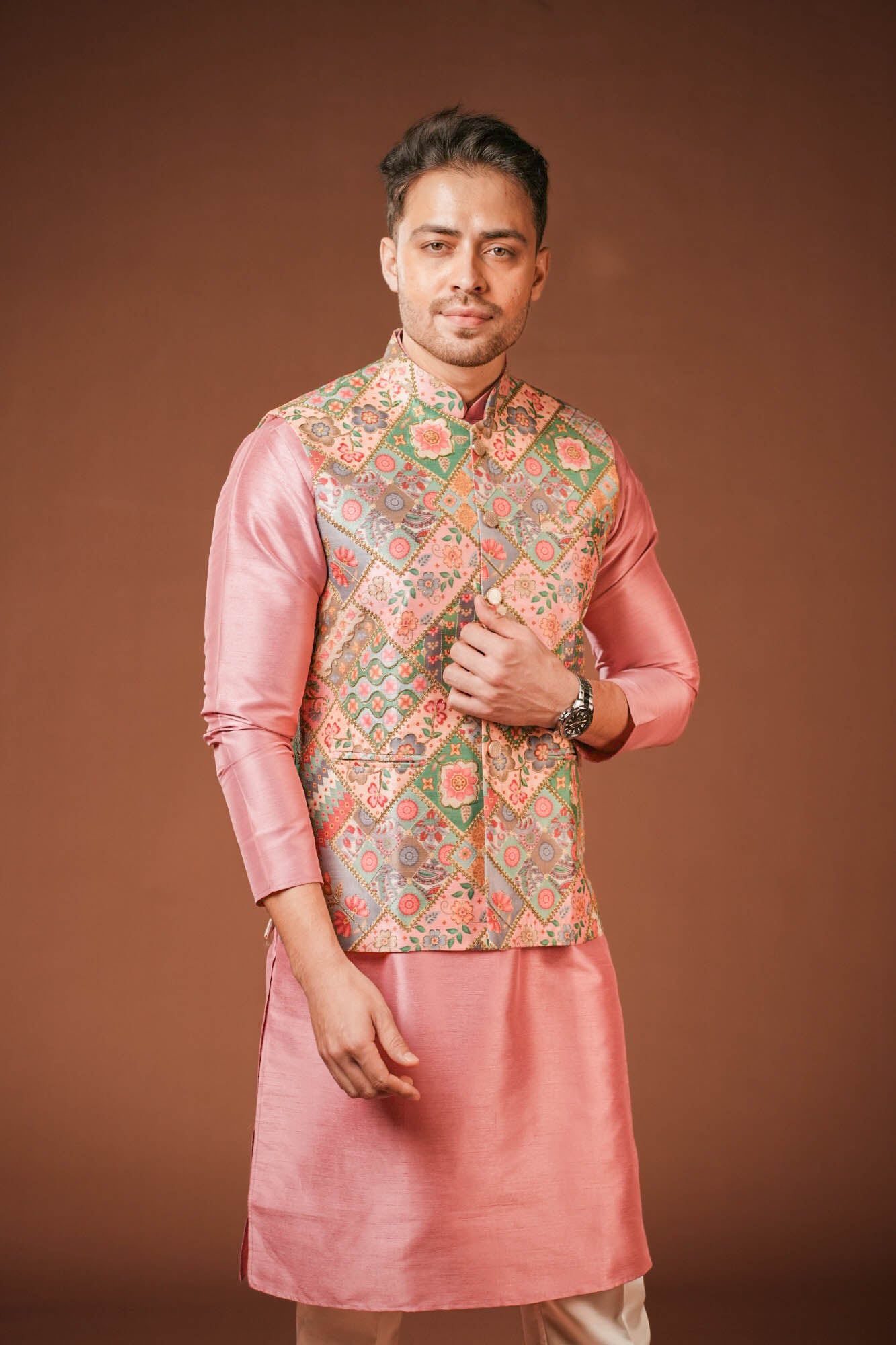 Embroidered Multi Color Rose Pink Koti Set