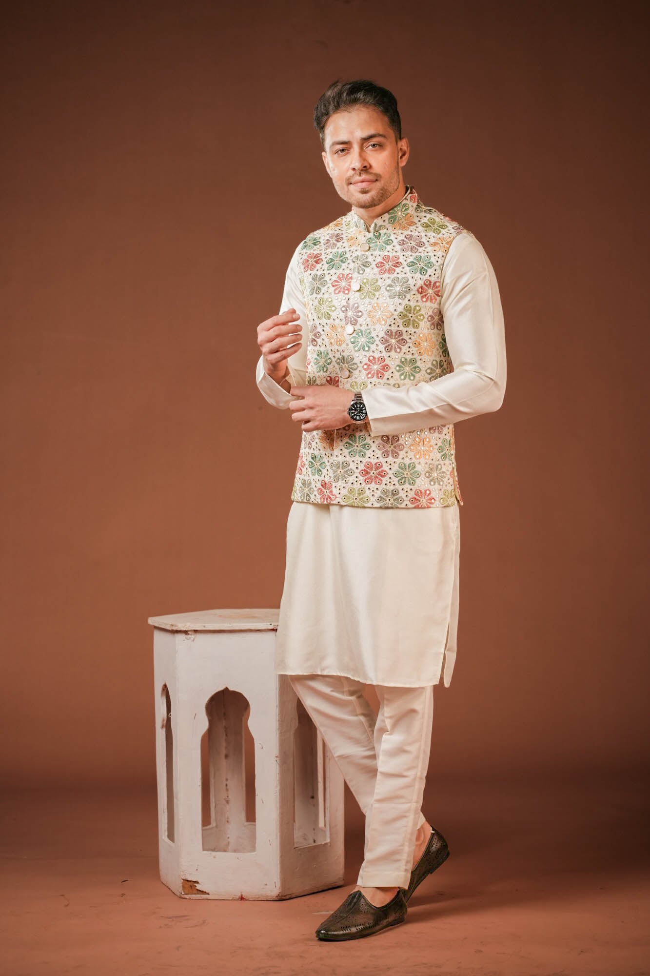 Cream Embroidered Nehru Jacket Set