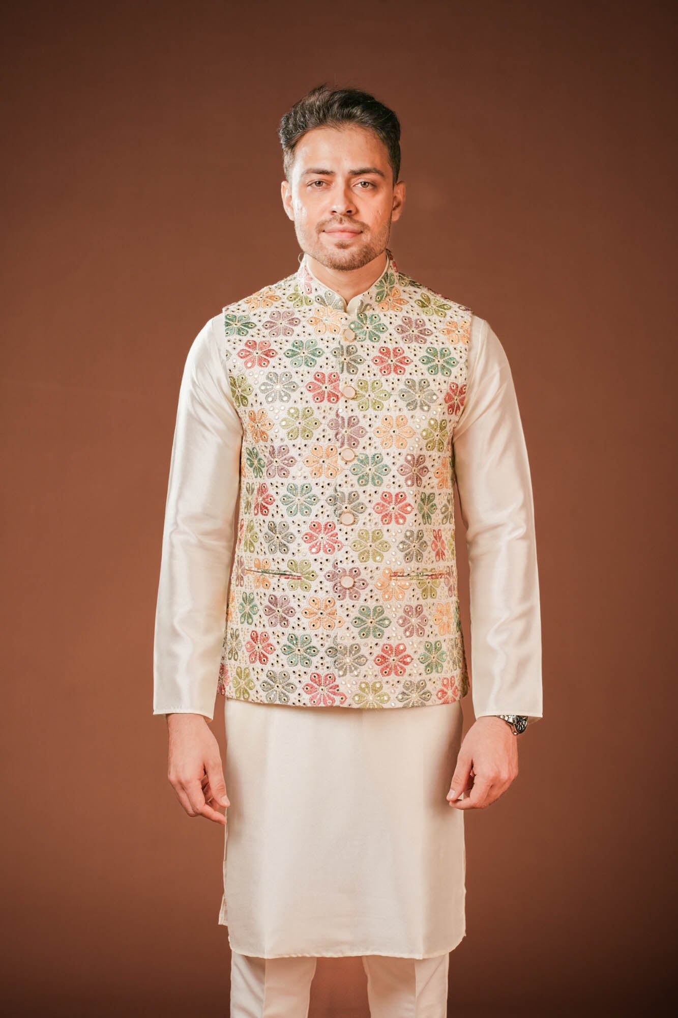 Cream Embroidered Nehru Jacket Set