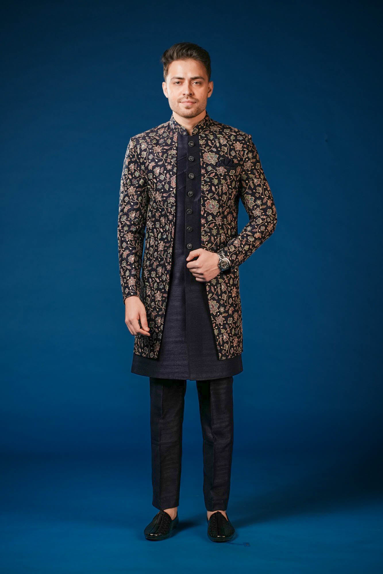 Blue Embroidered Indo Western Set