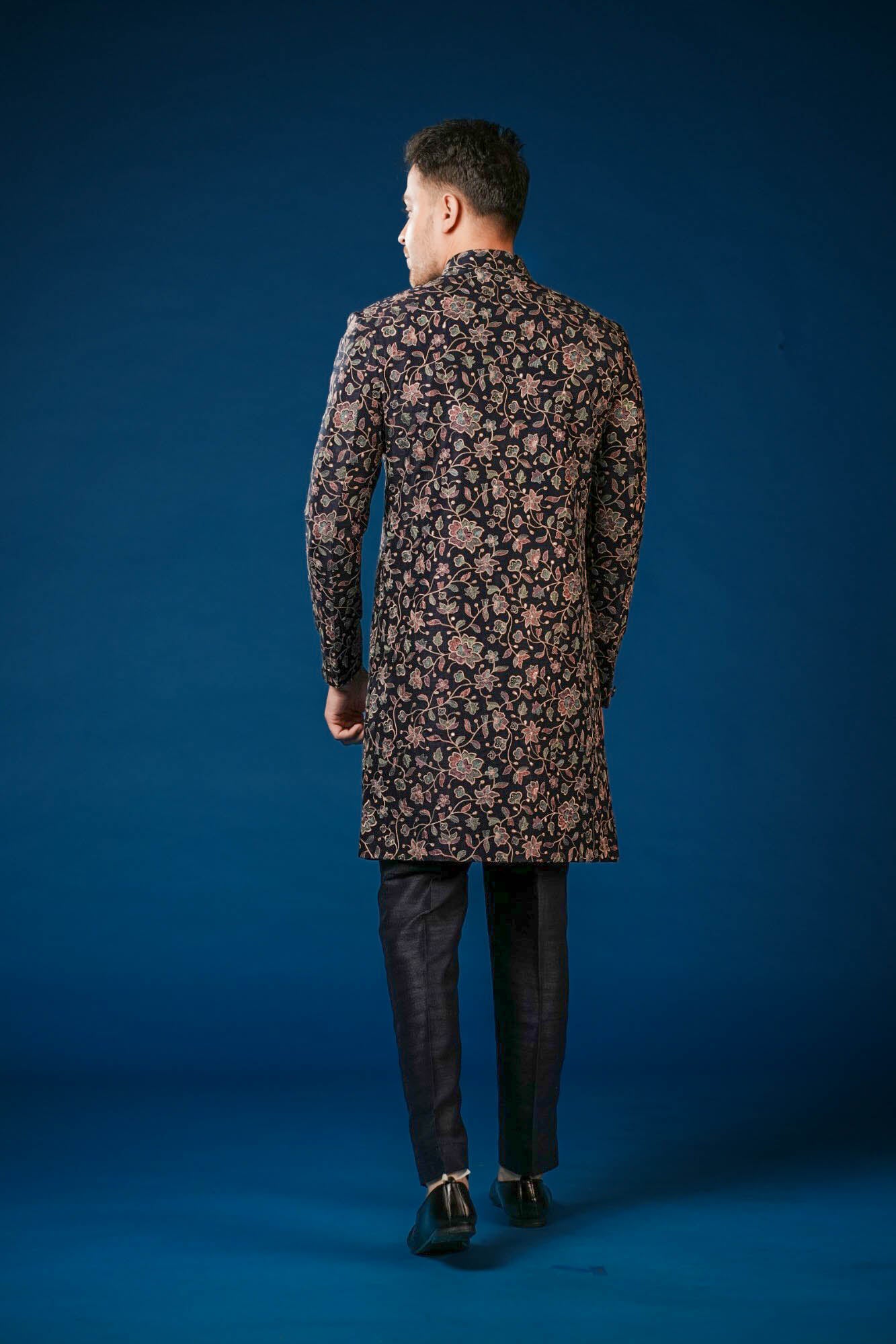 Blue Embroidered Indo Western Set