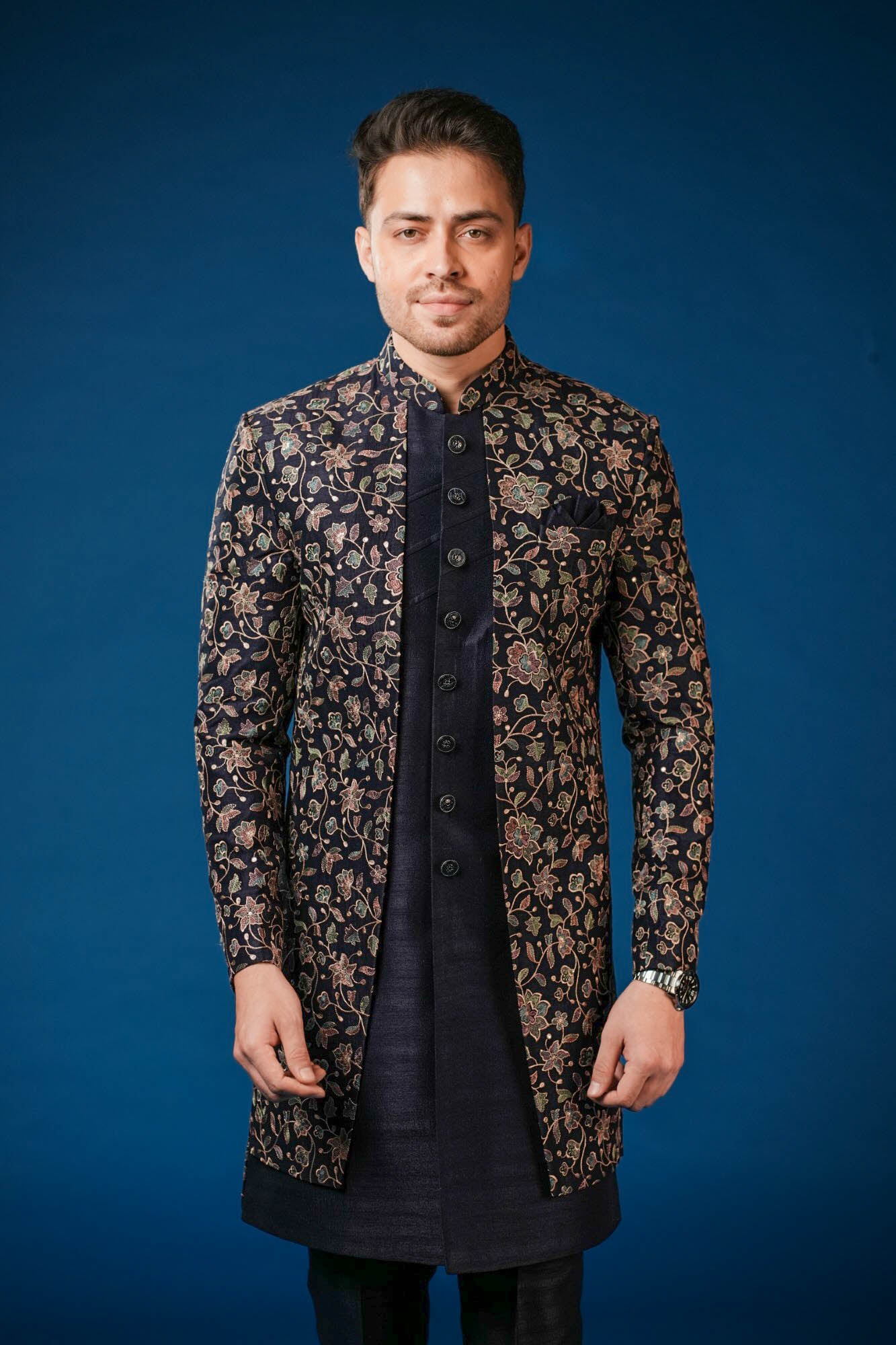 Blue Embroidered Indo Western Set