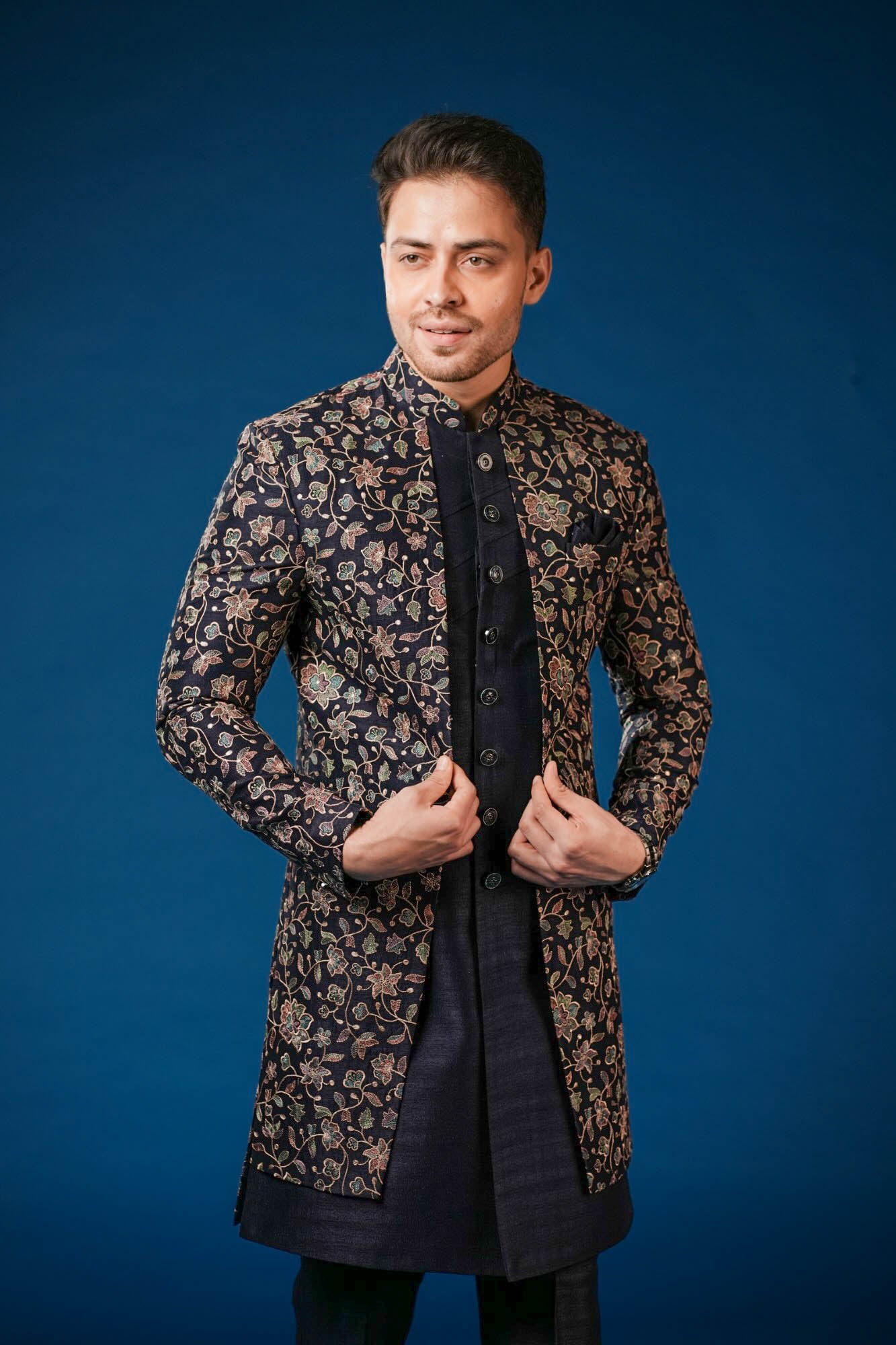 Blue Embroidered Indo Western Set