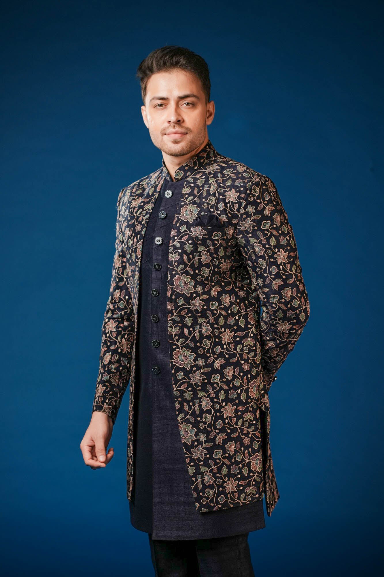 Blue Embroidered Indo Western Set