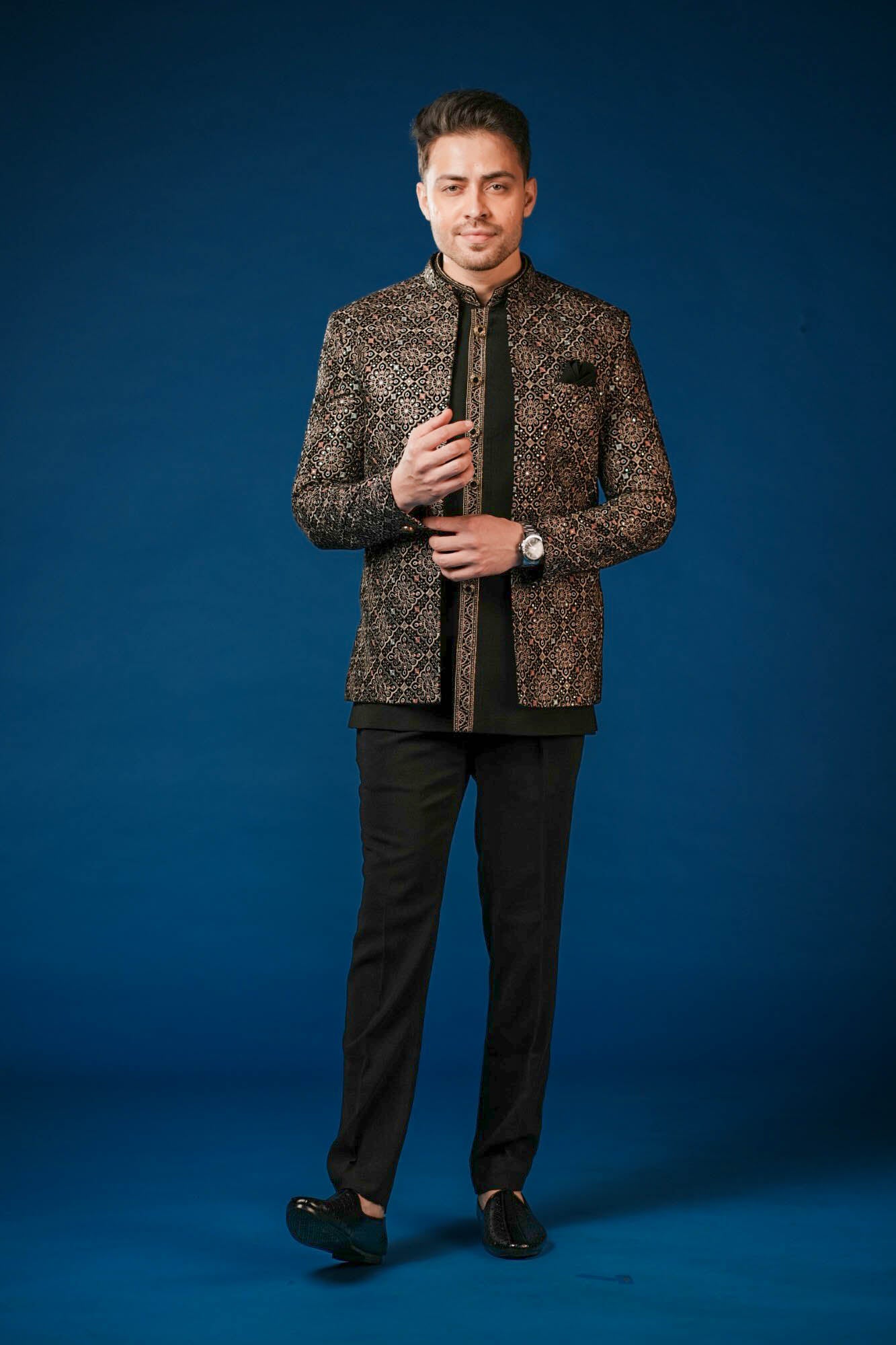 Black Velvet Embroidered Jodhpuri Set