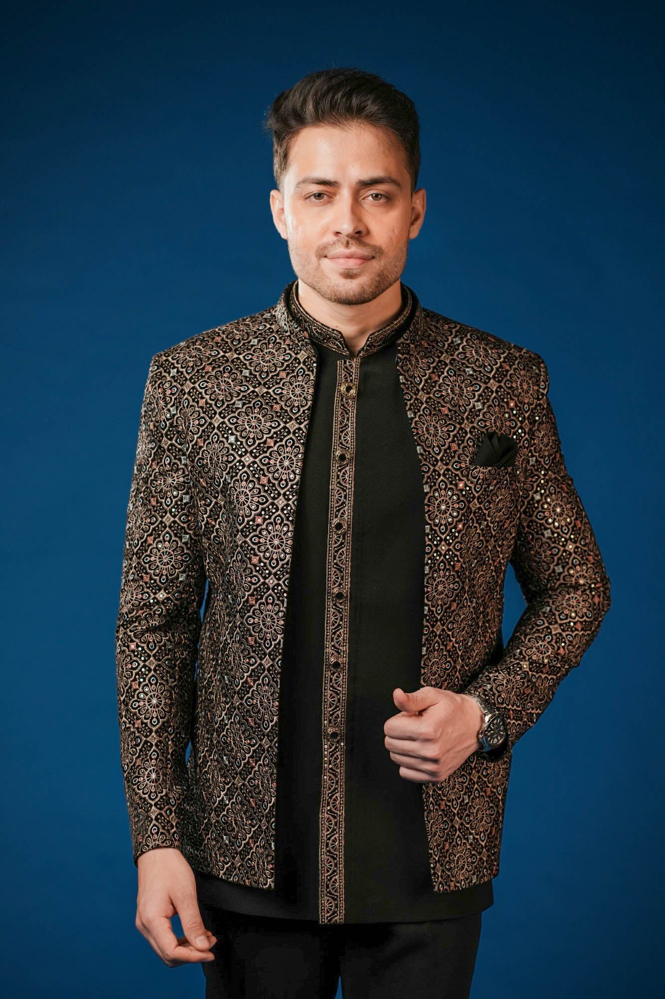Black Velvet Embroidered Jodhpuri Set