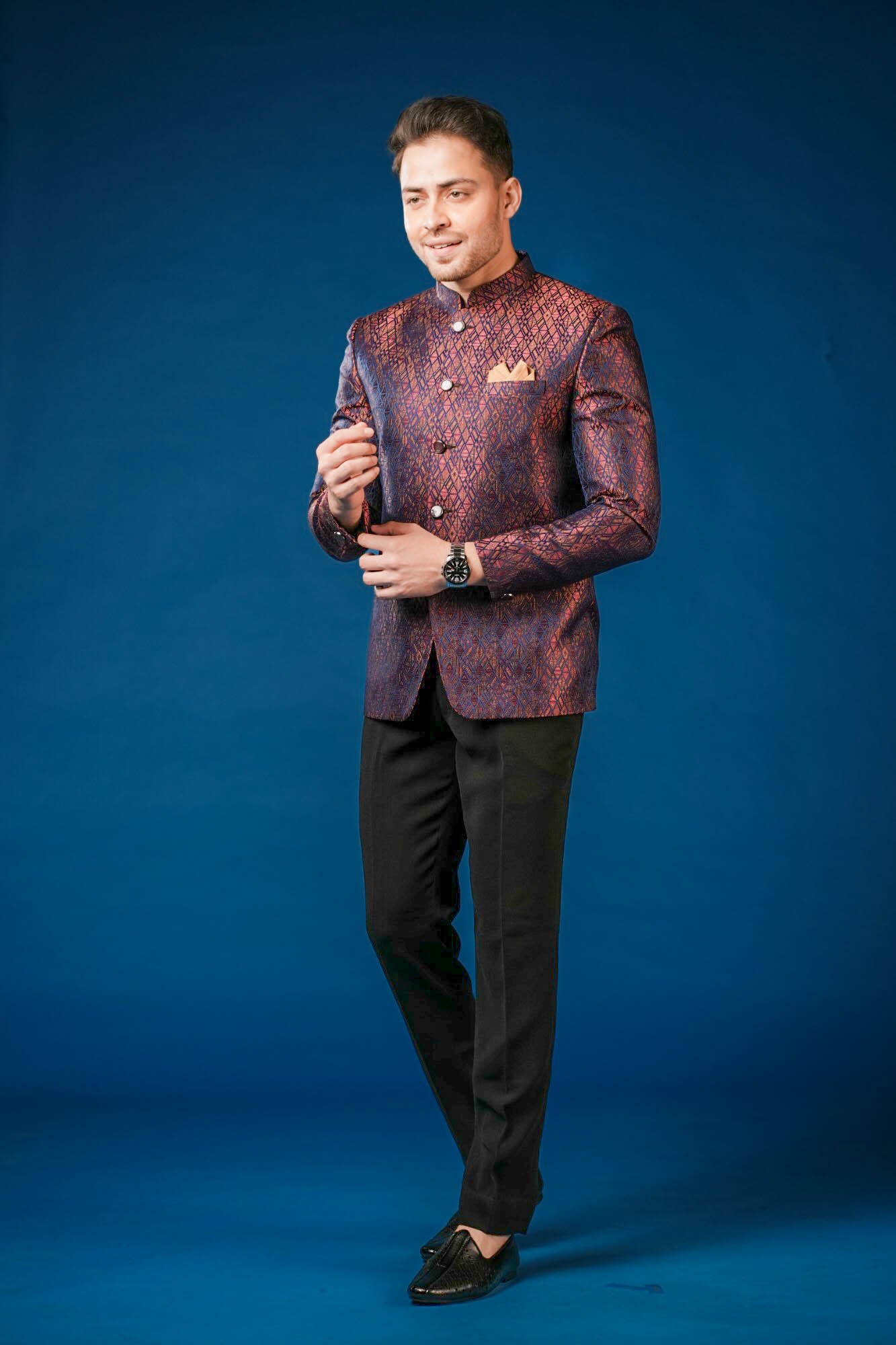 Maroon Jaquard Jodhpuri Set
