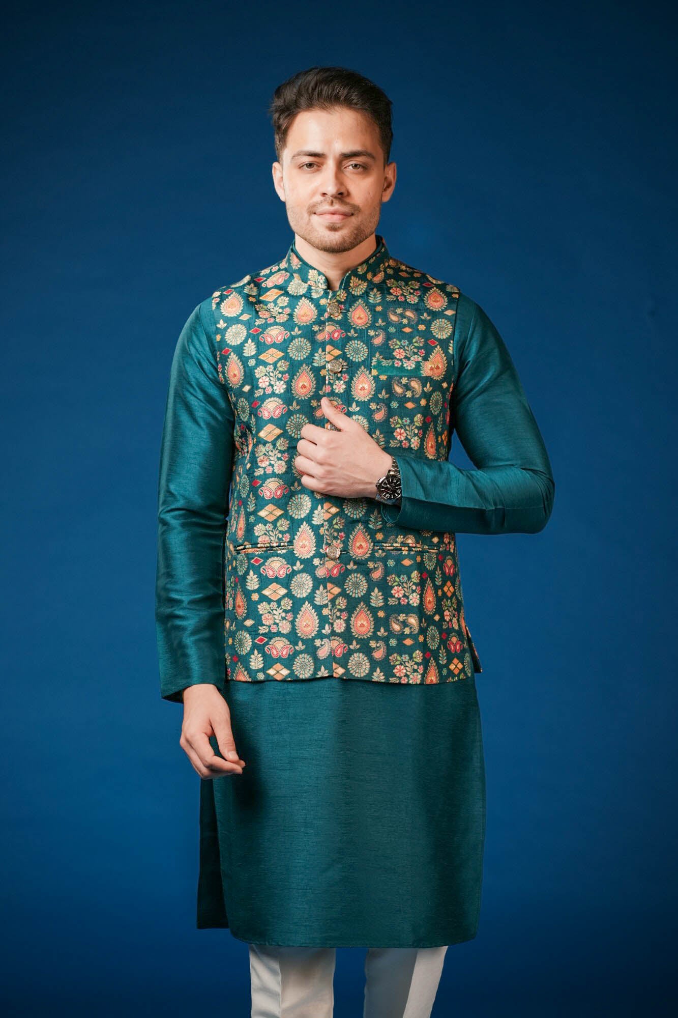 Teal Blue Patoda Silk Koti Set