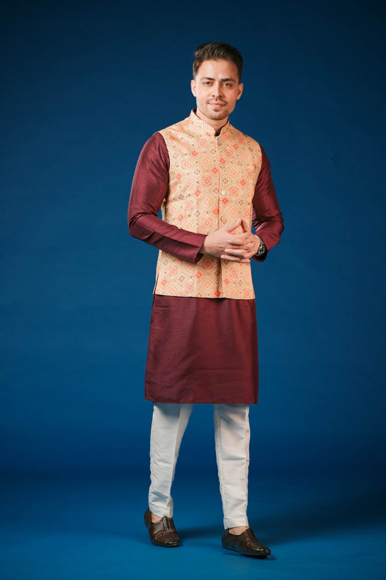 Maroon Lucknowi Print Koti Set