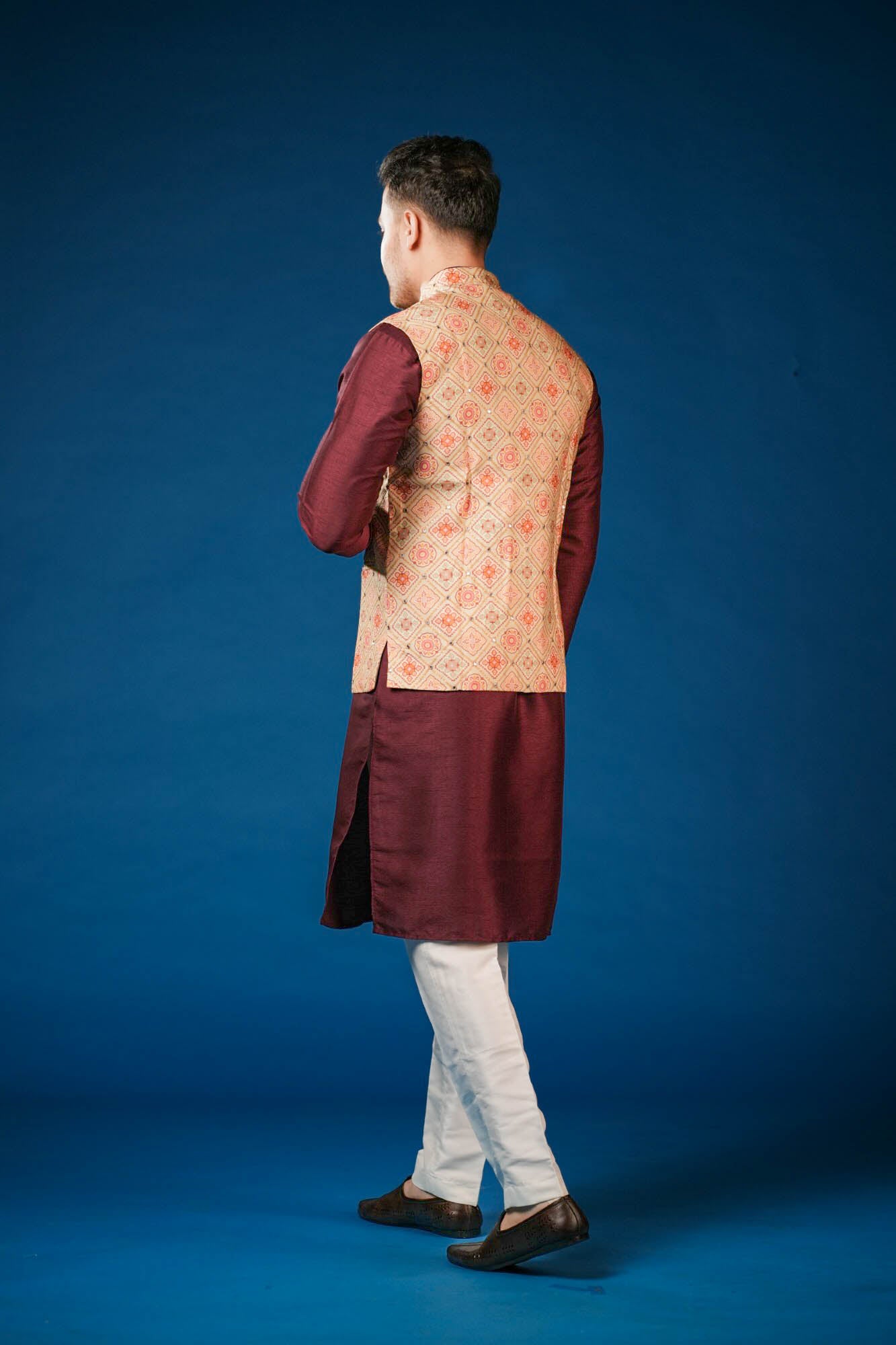 Maroon Lucknowi Print Koti Set