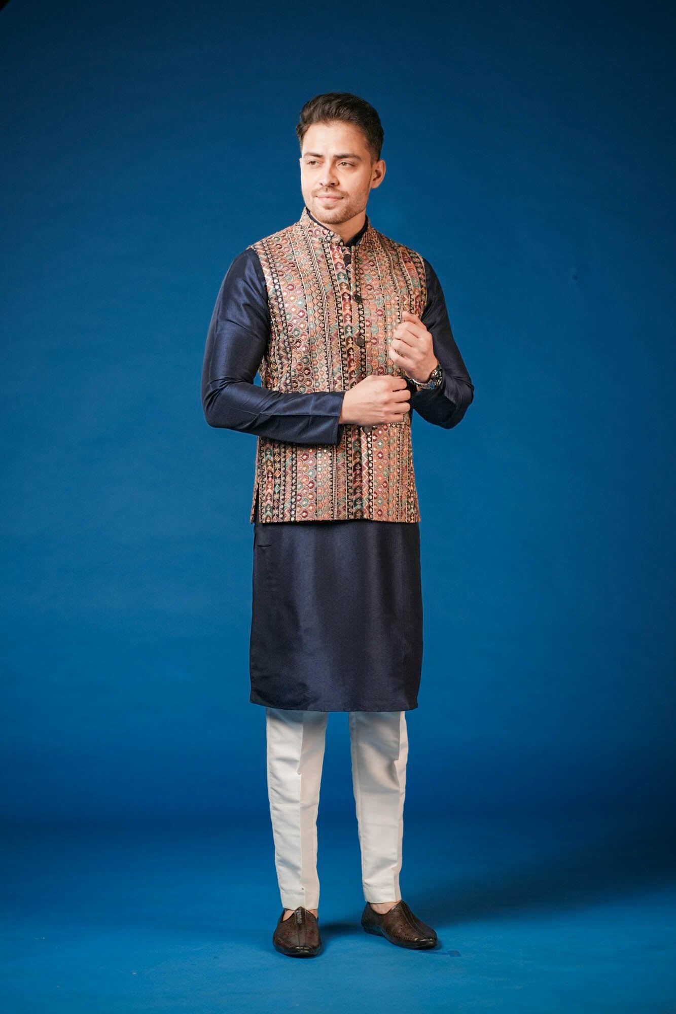 Navy Blue Embroidered Koti Set