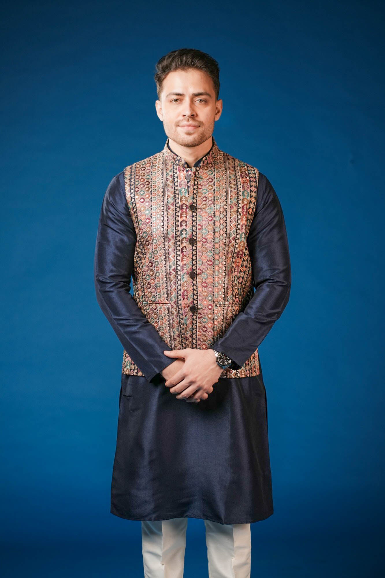 Navy Blue Embroidered Koti Set