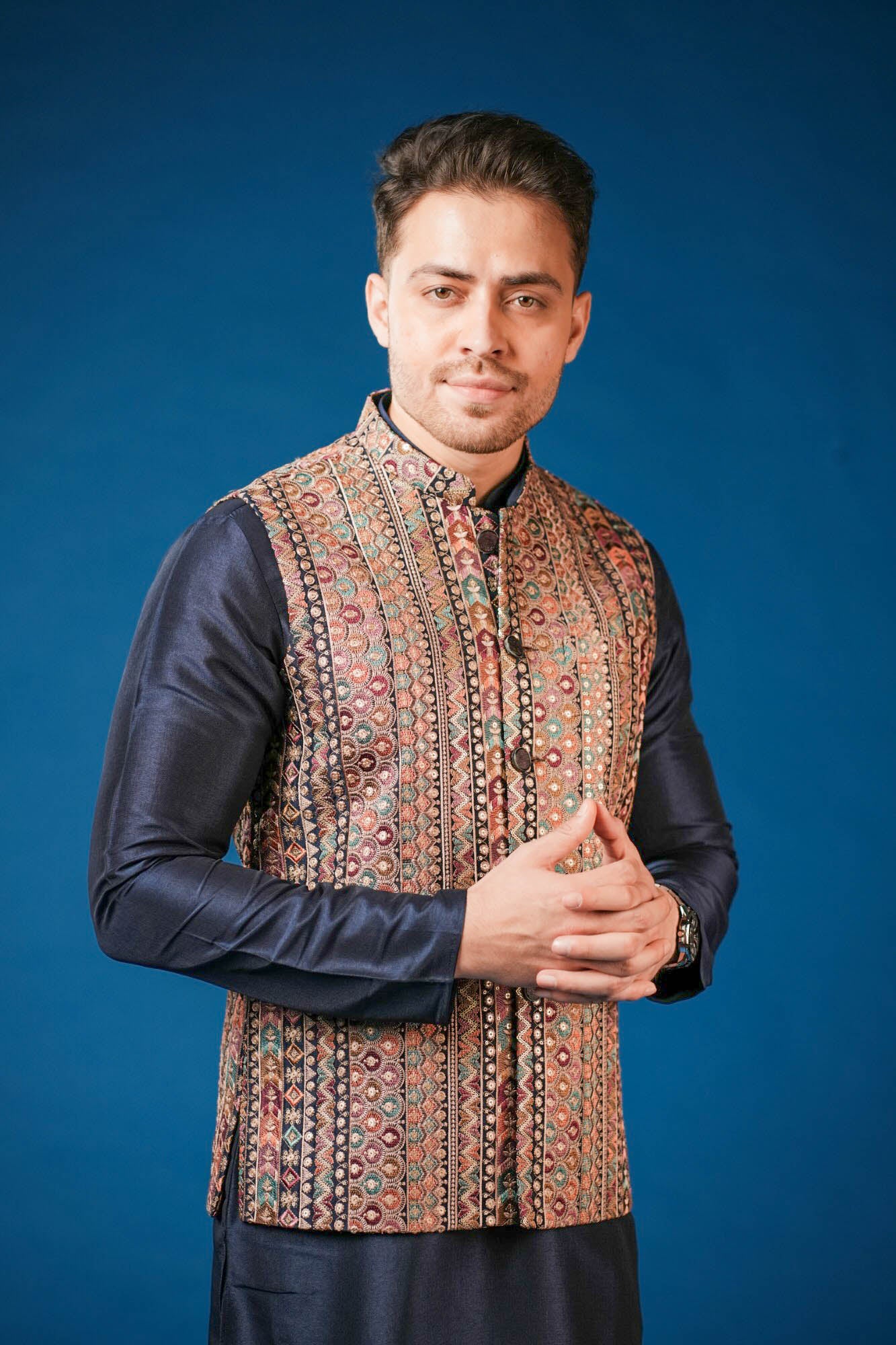 Navy Blue Embroidered Koti Set