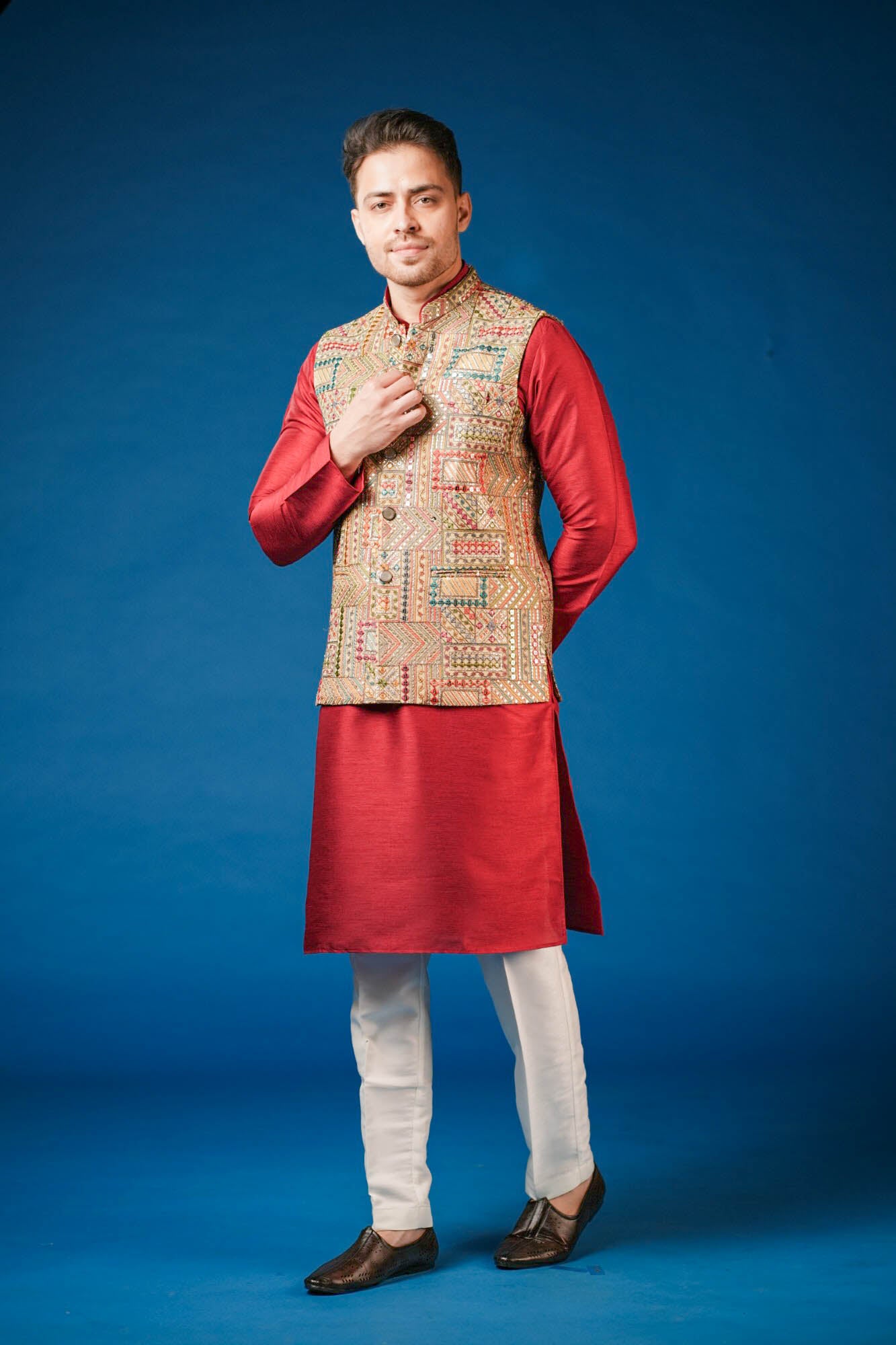 Red Maroon Embroidered Koti Set