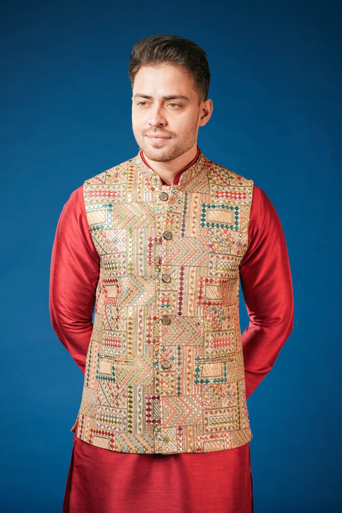 Red Maroon Embroidered Koti Set