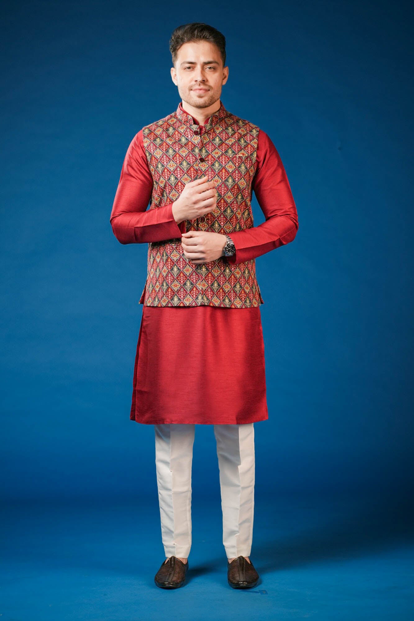 Red Maroon Position Print Lucknowi Koti Set
