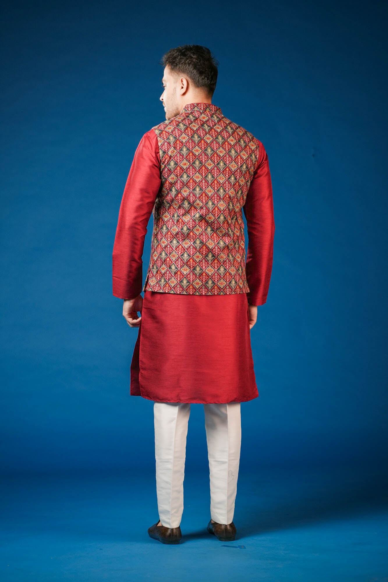 Red Maroon Position Print Lucknowi Koti Set