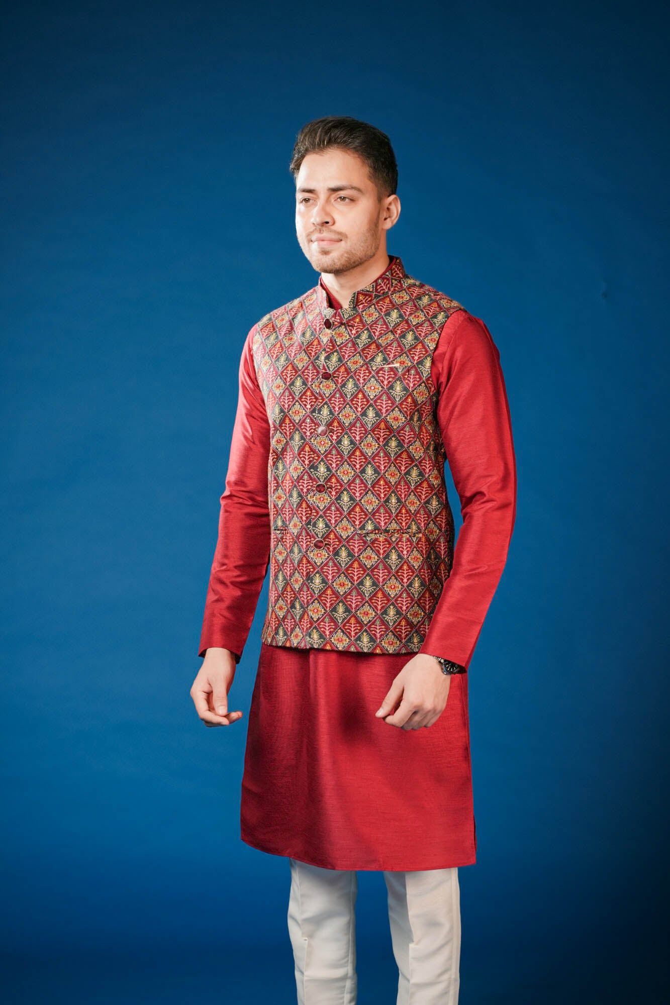 Red Maroon Position Print Lucknowi Koti Set
