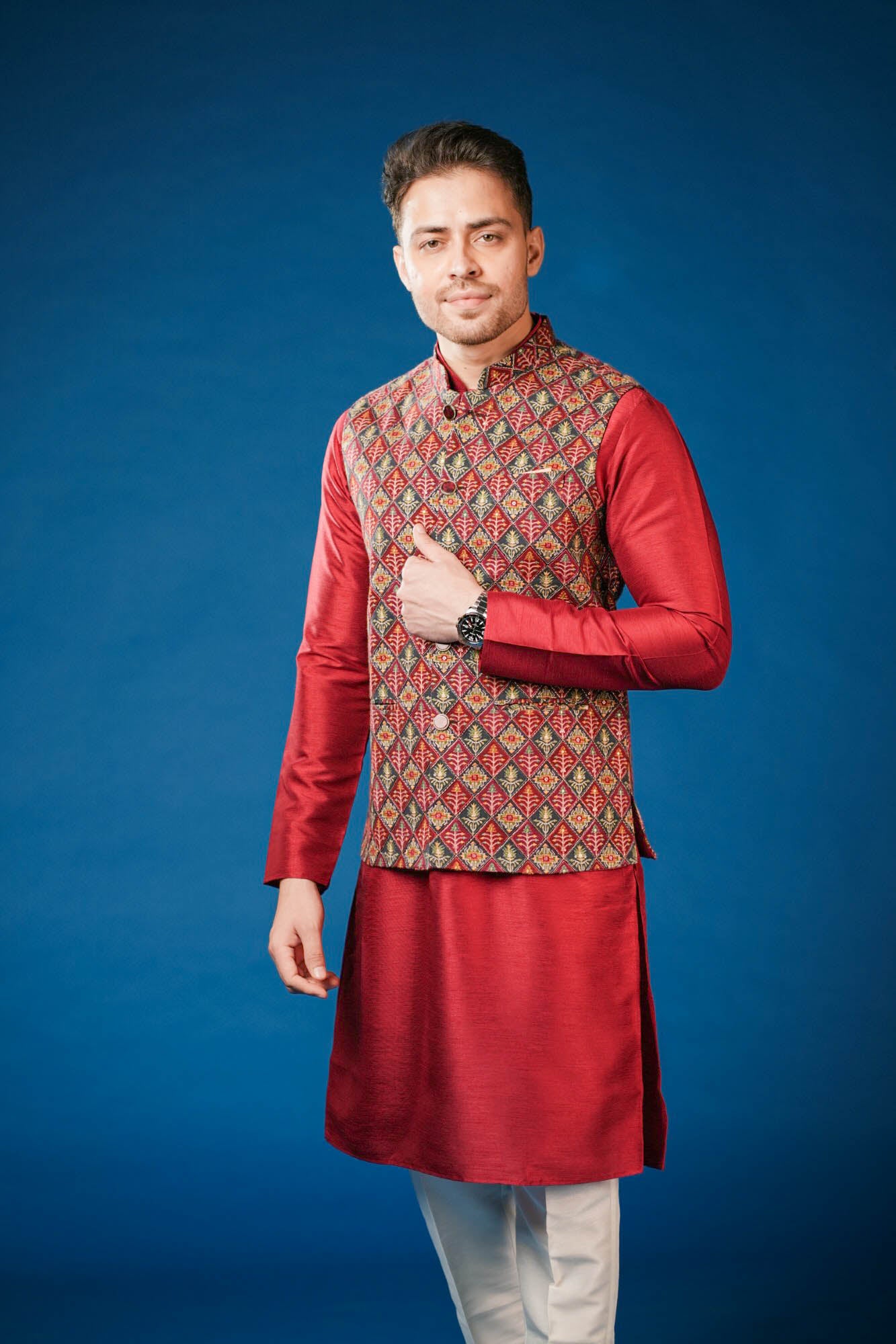 Red Maroon Position Print Lucknowi Koti Set