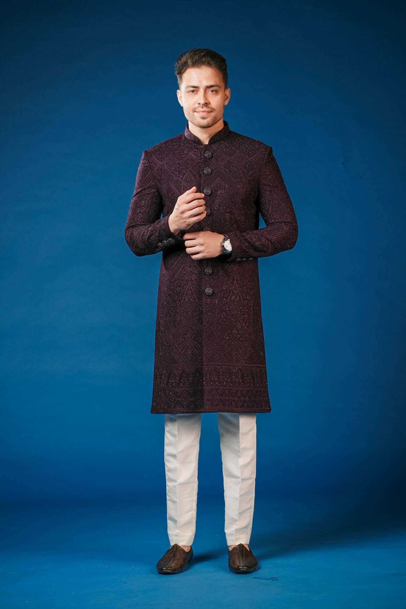 Wine Purple Heavy Embroidered Nawabi Set