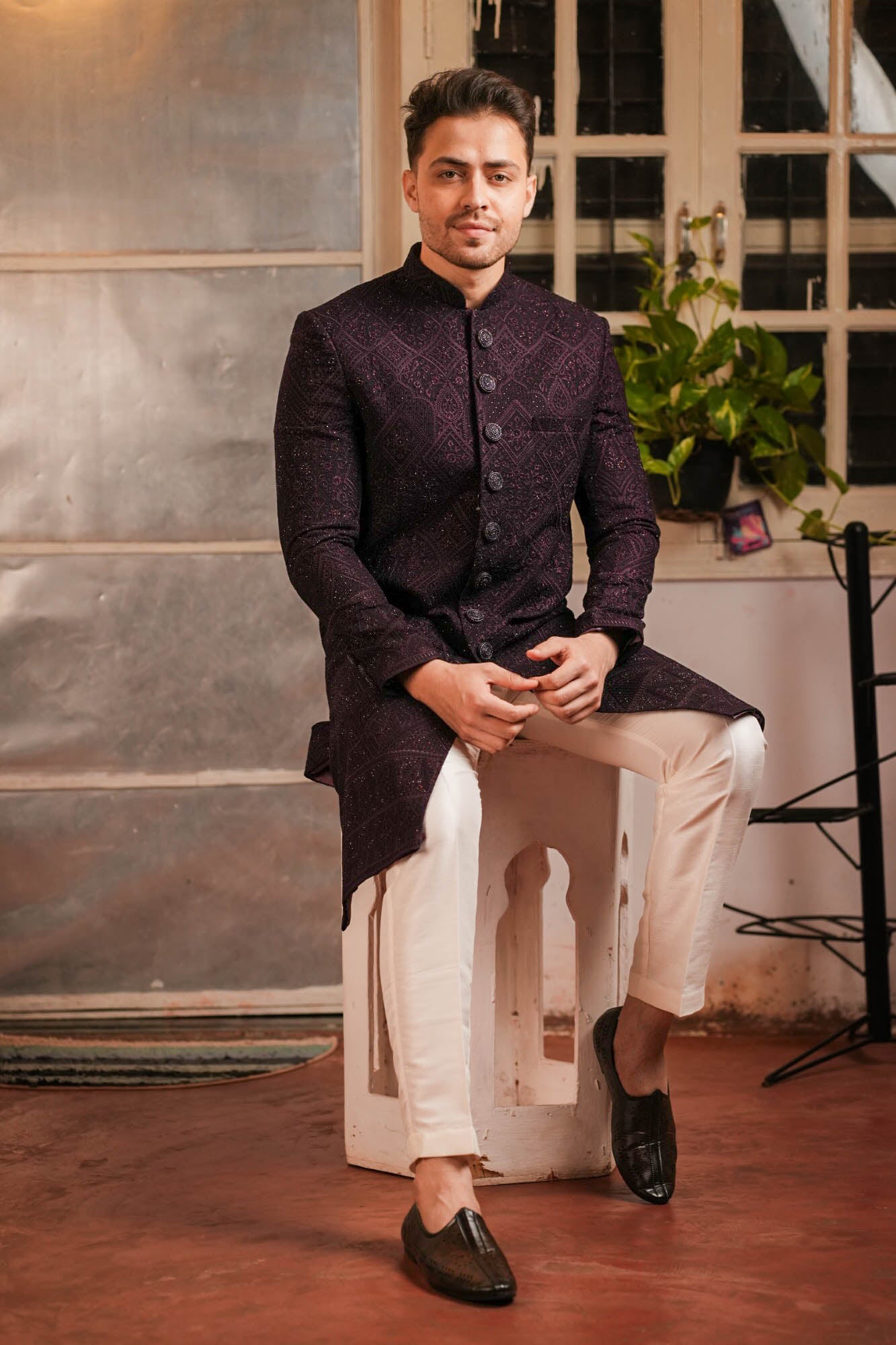 Wine Purple Heavy Embroidered Nawabi Set