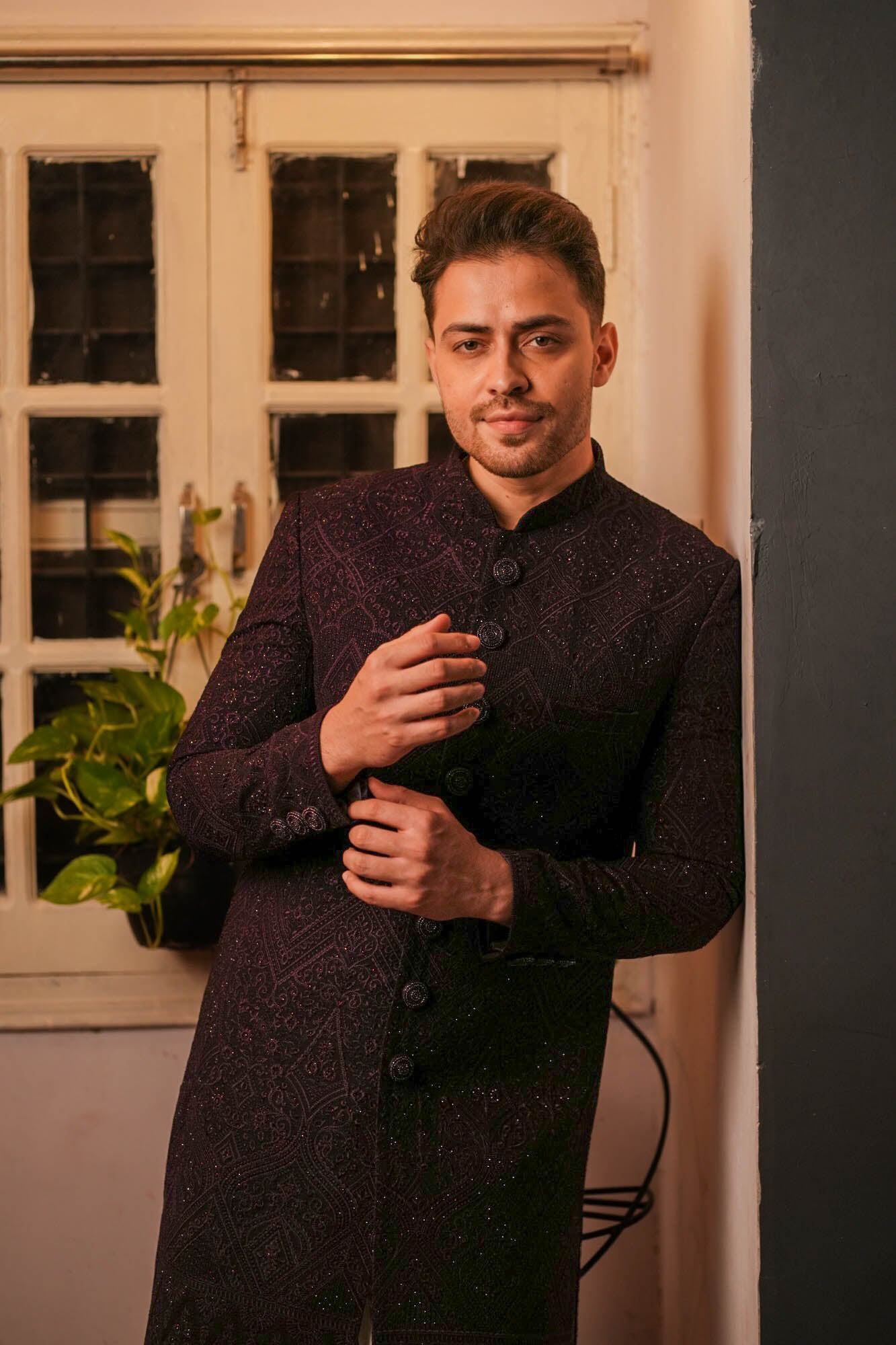 Wine Purple Heavy Embroidered Nawabi Set